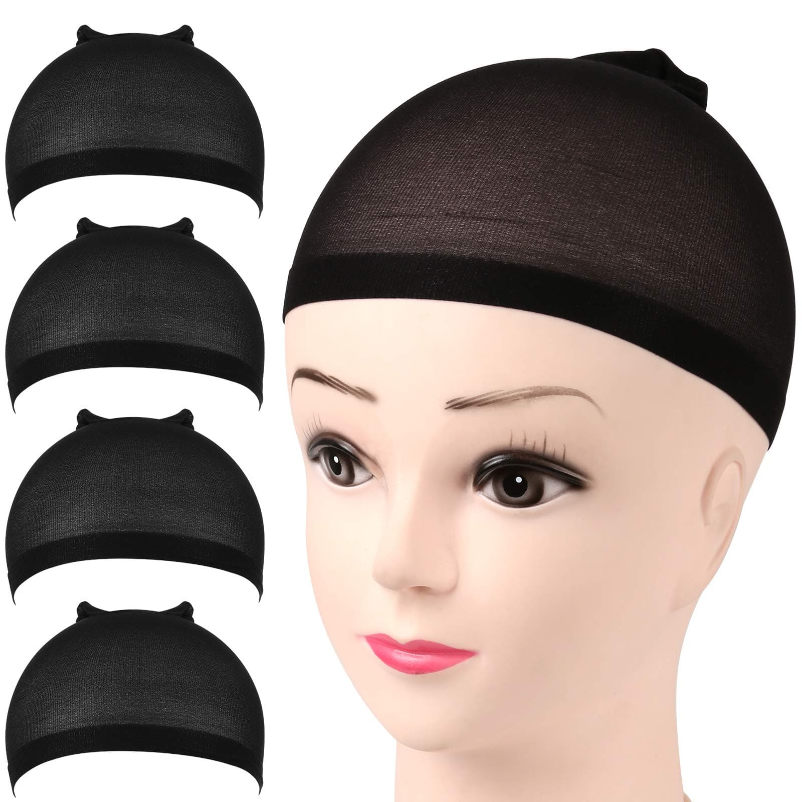 Wig Cap, Nylon Wig Caps, 4 Pieces Stocking Wig Caps for Women (Black)