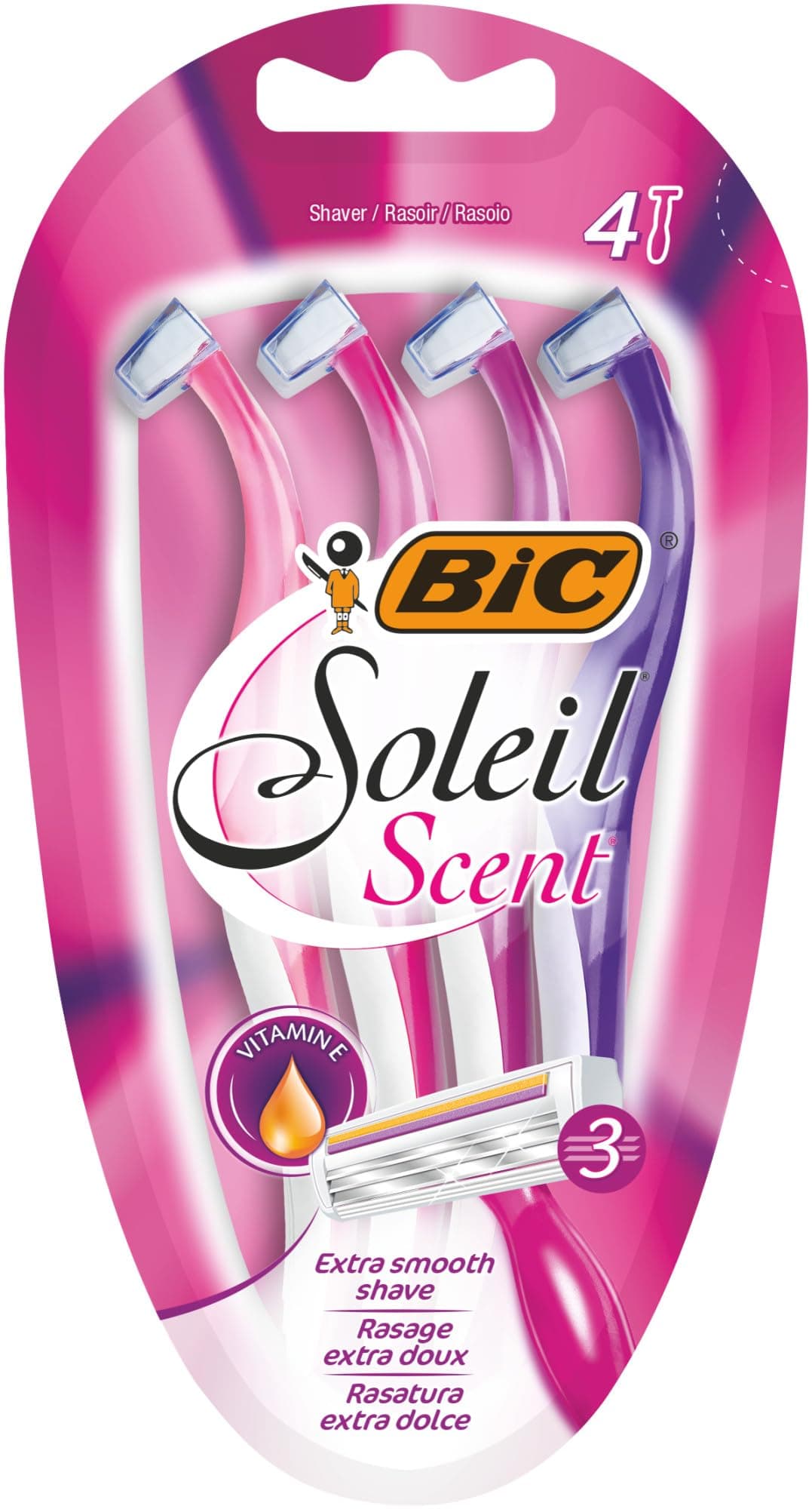 Bic Soleil Scent Disposable Women Razors - Pack Of 4 Three-Blade With Florally-Scented Handle And Fixed Razor Head For Precise Shave
