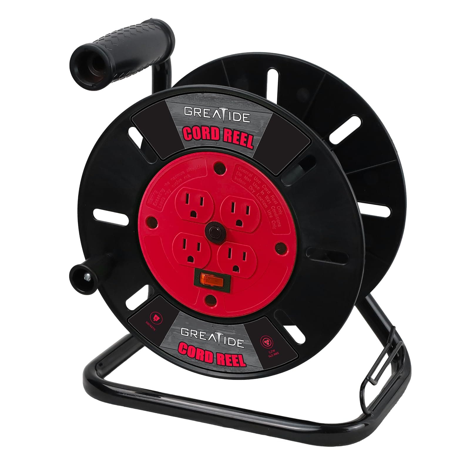 Heavy Duty Extension Cord Storage Reel with 4-Grounded Outlets, 10A Circuit Breaker, Retractable Hand Wind, Portable Empty Hand Crank Open Cord Reel for 12/3 14/3 16/3 Gauge Power Cord, Red