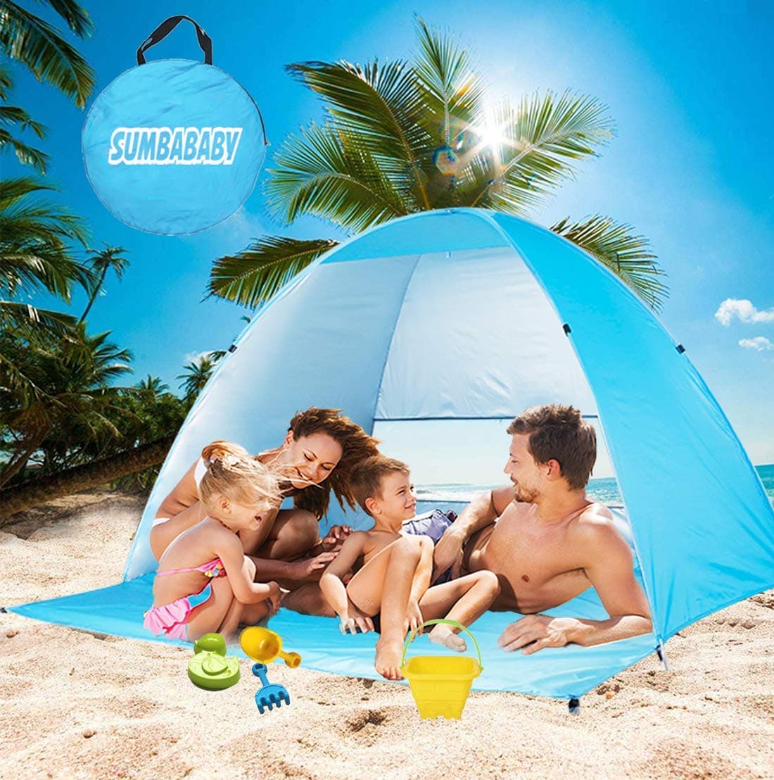 Sumbababy Beach Tent Pop up Sun Shelter Portable 3-4 Persons Family Tent with UV-Protection Cabana Sunshade Umbrella for Outdoor Sports Camping Fishing Picnic Hiking Travel