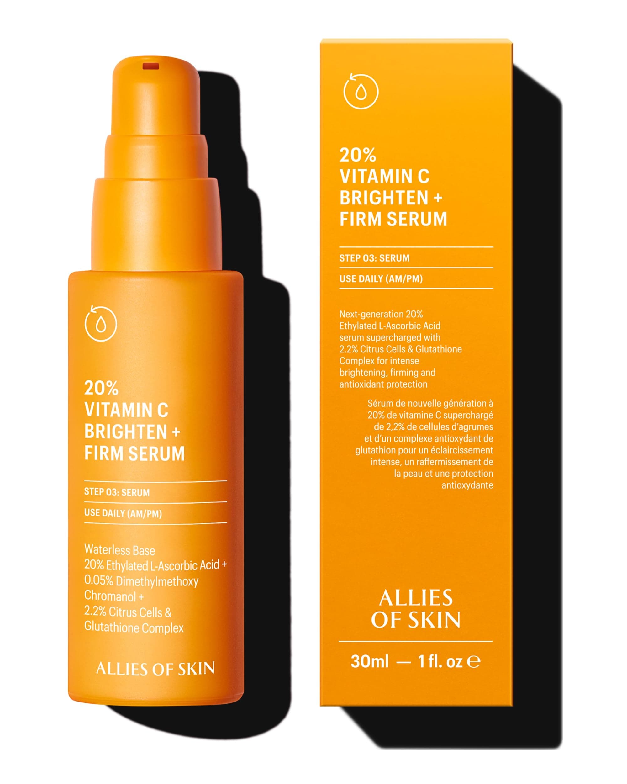 Allies of Skin 20% Vitamin C Brighten + Firm Serum: 20% Ethylated L-Ascorbic Acid + Orange Extract Complex with Glutathione. Firms & Intensely Brightens. For Smooth, Elastic Skin 1 oz / 30 ml