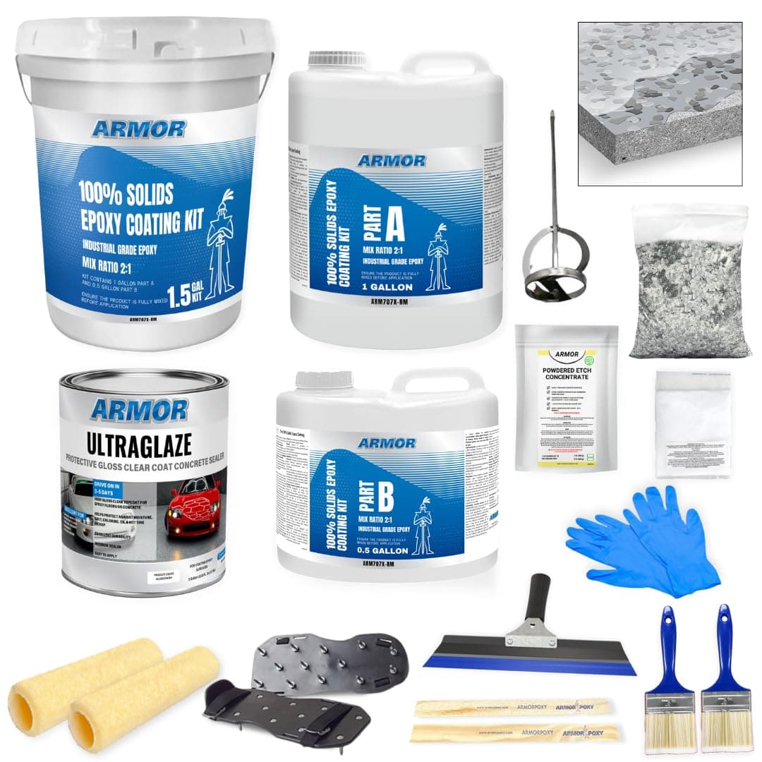 ArmorPoxy Garage Epoxy Floor Kit – 100% Solids - 2 Part Industrial-Grade Coating w/UltraGlaze Topcoat | DIY Slip & Hot Tire Resistant |300 Sq Ft - Designer Gray - 17 pc kit