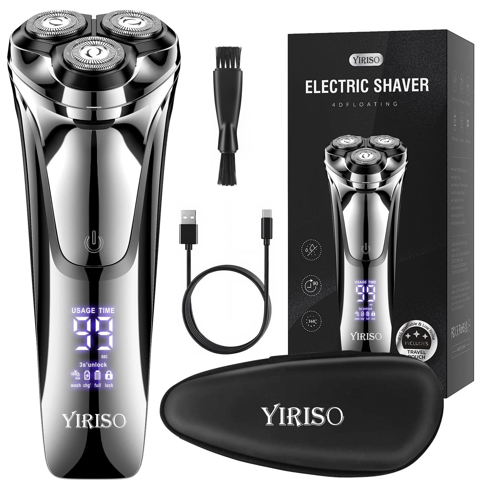 Electric Razor for Men, 90Min Long-Lasting Shaver with 4D Floating Head & LCD Display, Ultra Smooth for Sensitive Skin, IPX6 Waterproof, USB-C Fast Charge, with Travel Case - Ideal Gift
