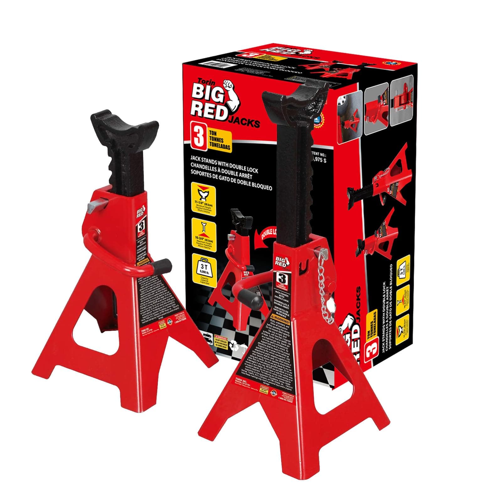 BIG RED T43002A Torin Steel Jack Stands: Double Locking, 3 Ton (6,000 lb) Capacity, Red, 1 Pair