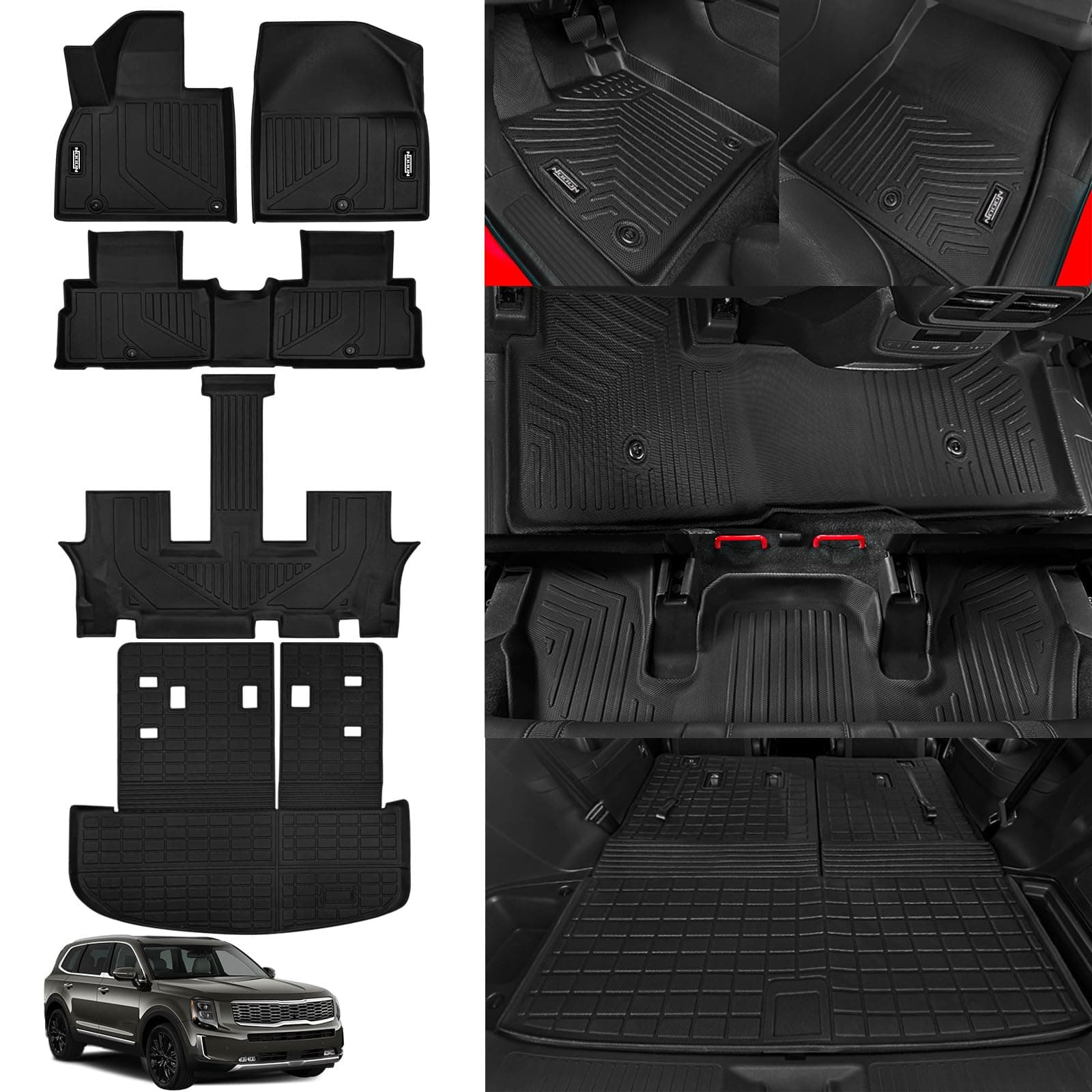 All Weather Floor Mats Fit for Kia Telluride(7 Seat) 2020-2024 2025 Trunk Mat with Backrest Mat 3rd Row Replacement for Kia Telluride 2nd Row Backrest Mats & Door Edge Protector Accessories