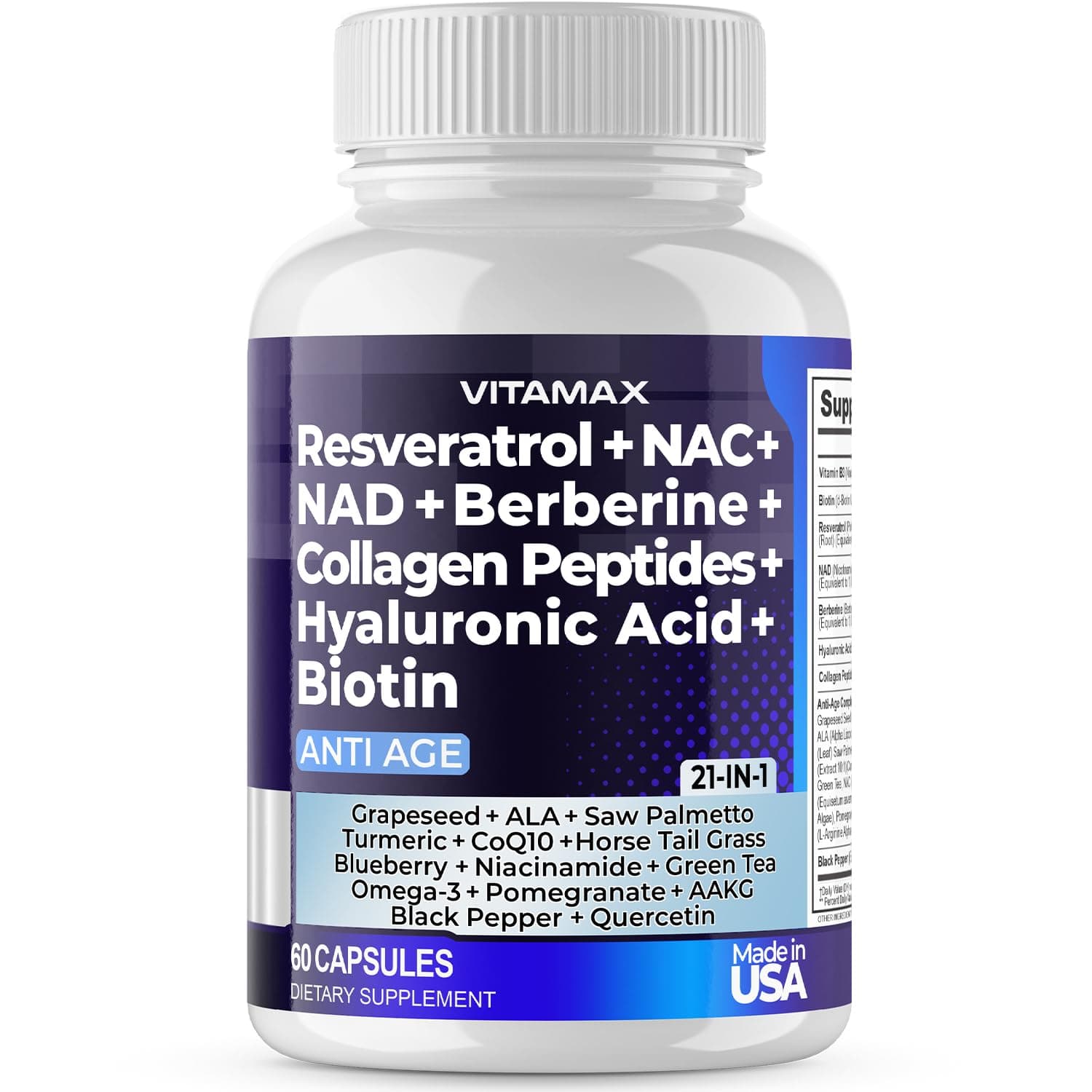 Resveratrol NAD+ Berberine Hyaluronic Acid - Biotin Grape & Blueberry + NAC - Collagen Peptides - Hair, Nail, Skin & Joint Supplement - 21-in-1 Women and Men - Made in USA (60 Count (Pack of 1)