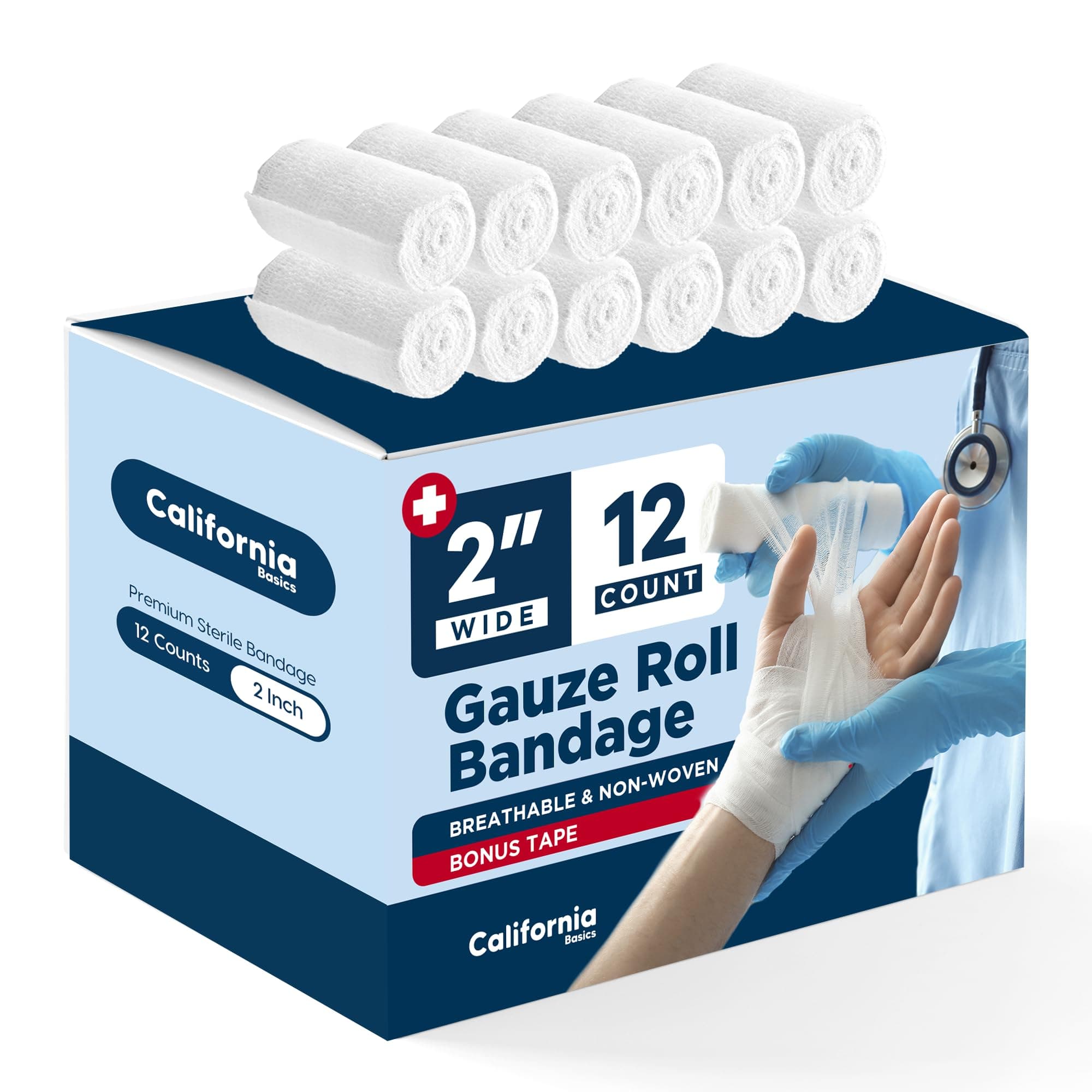 California Basics 12-Pack Gauze Bandage Roll with Tape, 2 Inches x 4 Yards - Soft, Stretchable & Breathable Wrap for Wound Care, First Aid & Medical Supplies - White