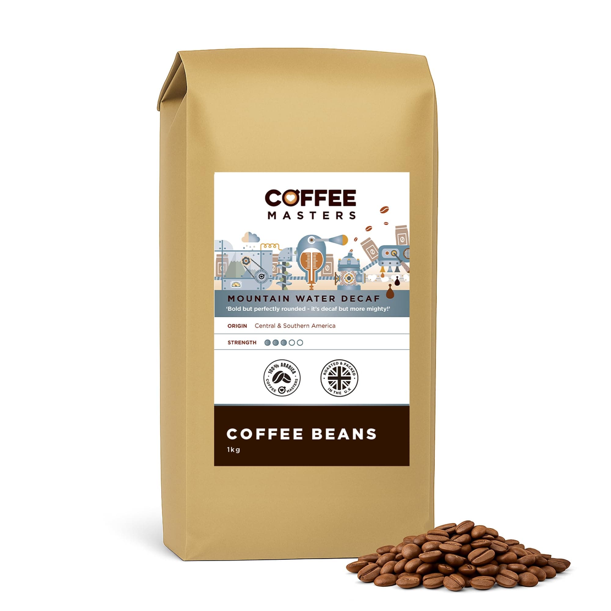Mountain Water Decaf Coffee Beans 1kg – 100% Arabica - Roasted Whole Bean Ideal for Espresso Machines - Decaffeinated, Bold, and Strong Flavour