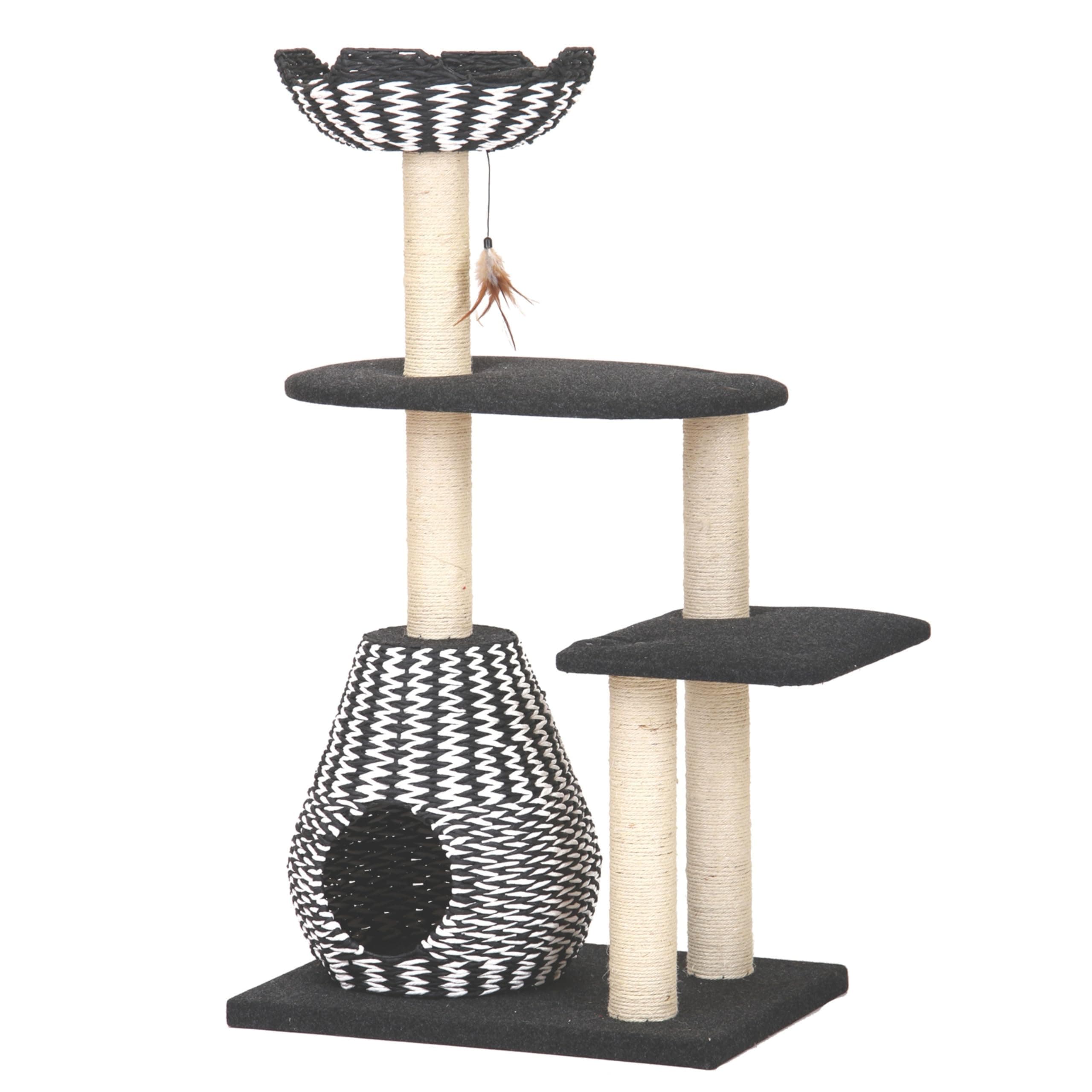 Ace 4-Level Multi-Activity Cat Tree with Handwoven Recycled Paper Rope Condo and Top Nest Bed, Replaceable Sisal Scratching Posts, Feather Teaser Toy, Black & White