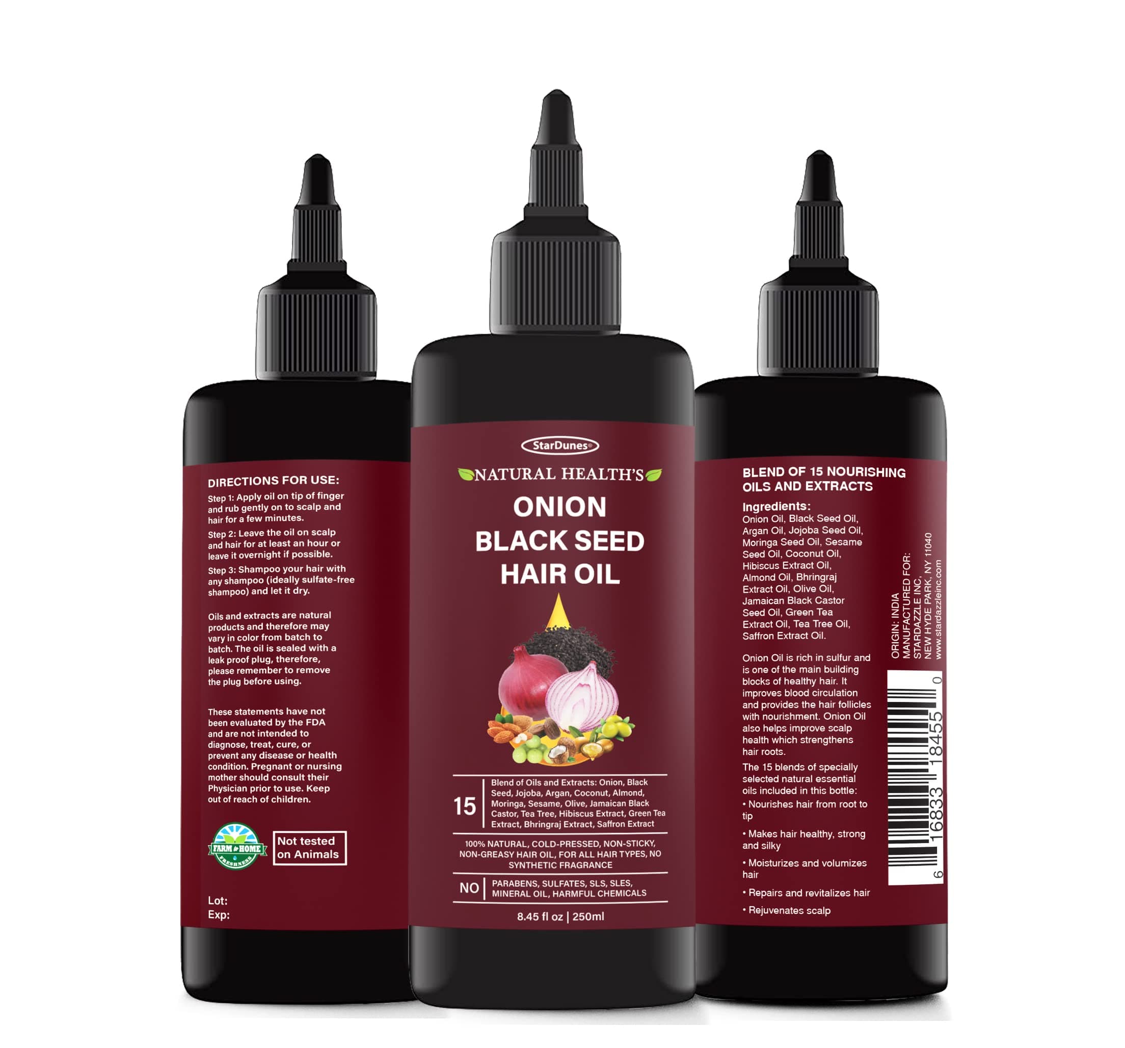 Onion Black Seed Hair Oil, Blend of 15 Oils and Extracts for Healthy, Strong, Long, and Luxurious Hair.