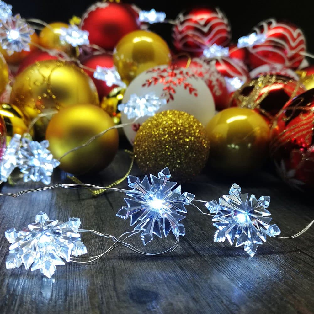 Snowflake String Lights, Silver Plated Copper Wire 10 ft 40Cold White LEDs with Remote Fairy Lights for Indoor, Outdoor Christmas, Wedding, Birthday, Home Parties Decorating (White)