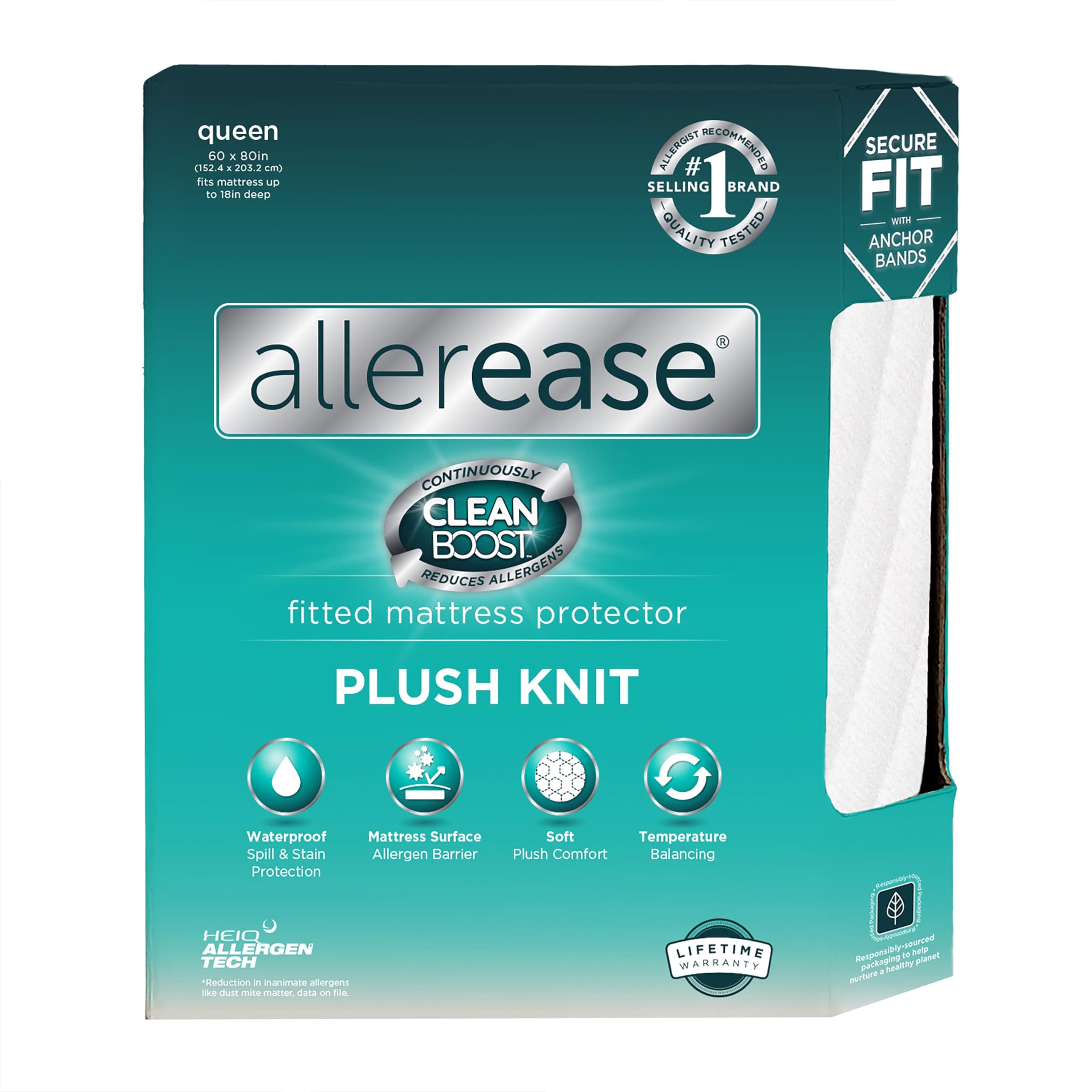 AllerEase CleanBoost Plush Knit Soft Waterproof Mattress Protector Queen Size Allergen Barrier Temperature Balancing Machine Washable Mattress Cover with Elastic Anchor Bands Mattress Cover (White)