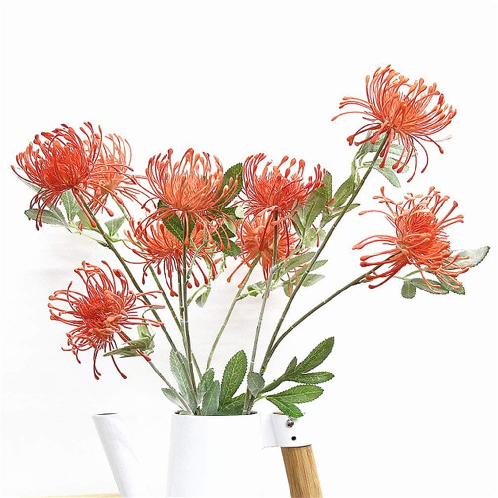 Artificial Protea Flowers Plastic Pincushion Flowers for Living Room Shop Decoration (5 Pieces) (Orange with Red)