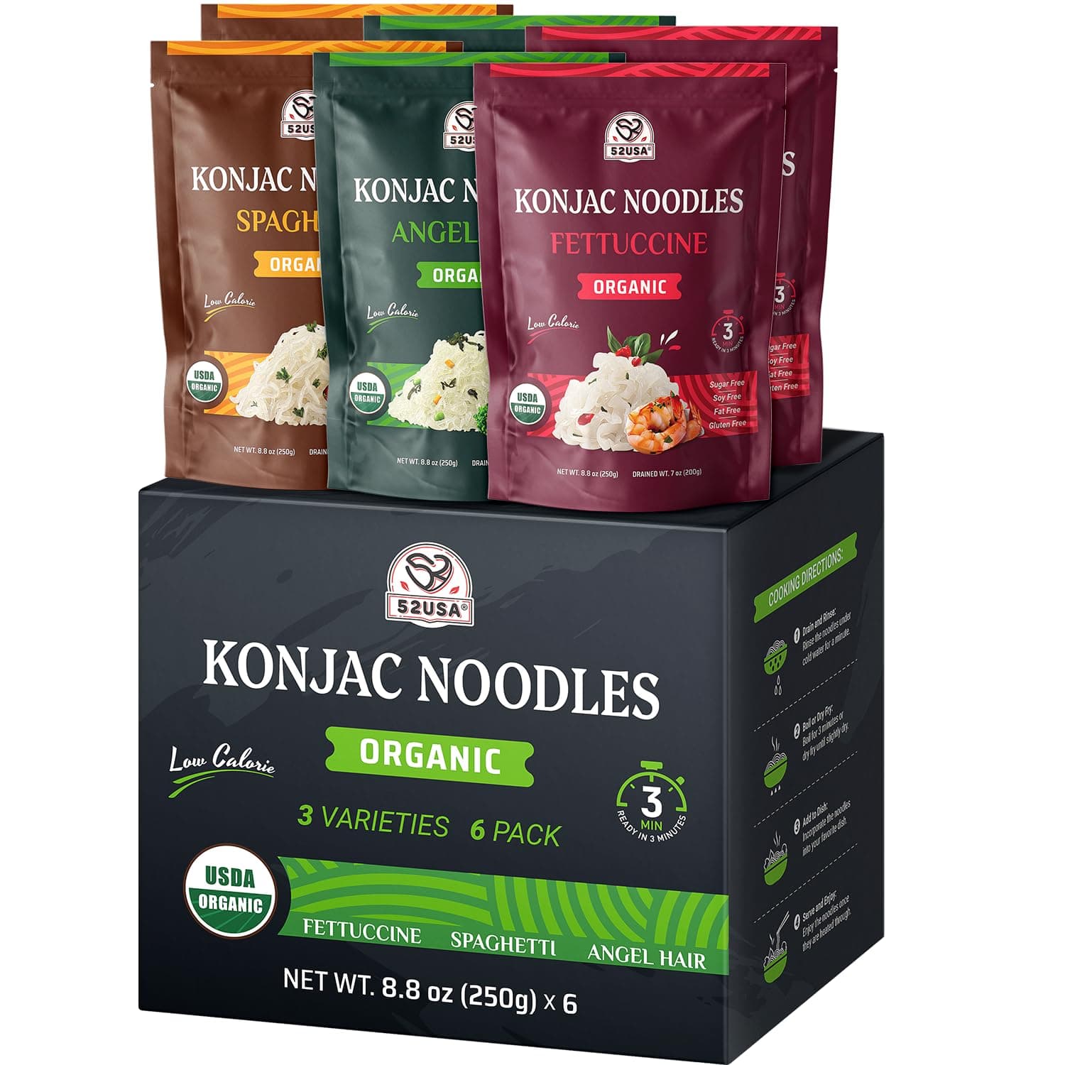 52USA Organic Konjac Shirataki Noodle, Low Carb Pasta 52.8 Oz (1500 g), Angel Hair, Fettuccine, USDA Organic Healthy Spaghetti Noodles (3 Variety - 6 Pack Inside), Keto and Paleo Friendly, Low Calorie