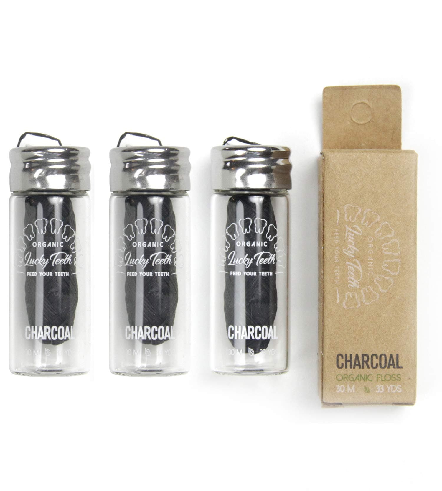 Organic Bamboo Fibre with Activated Charcoal Floss in Glass Jar with Tea Tree and Peppermint essential oils 30 m / 33 yds - by Lucky Teeth (3 Pack)