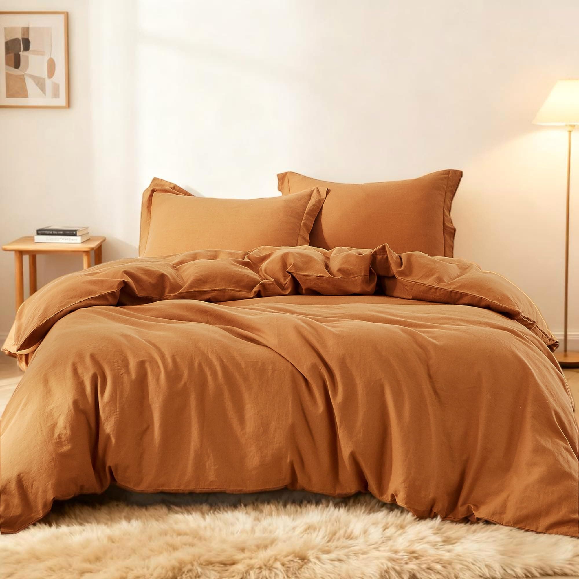 Simple&Opulence French Linen Duvet Cover Set 88" x 92"- 3 Pieces (1 Comforter Cover,2 Pillowcases)- Natural Flax Cotton Blend-Solid Color Breathable Farmhouse Bedding-Rust, Queen
