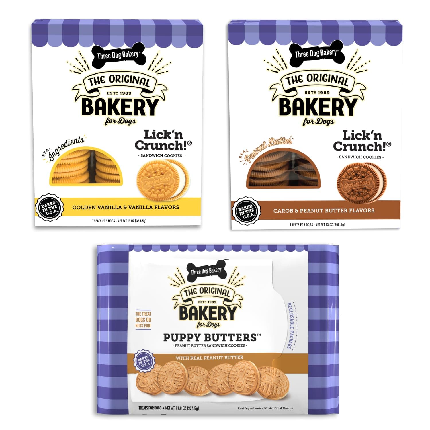 Lick'n Crunch! Sandwich Cookies Variety Pack Premium Treats for Dogs, Carob/Peanut Butter, Golden/Vanilla, & Pupper Butters, 37.8 Ounces, 3-Pack
