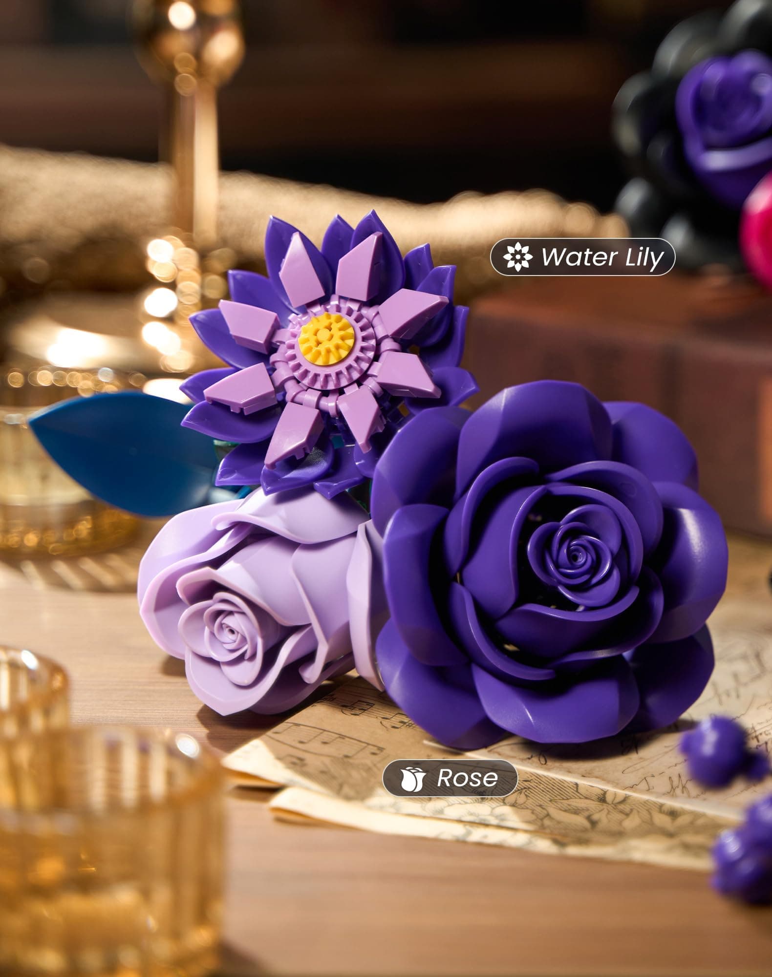 iATOM Flower Bouquet Building Set, Purple Roses Botanical Collection Kits for Adults Women, Gift for Valentine's Day for Her/Mom/Girlfriend/Wife/Couple, Gothic Modern Home Room Office Table Decor