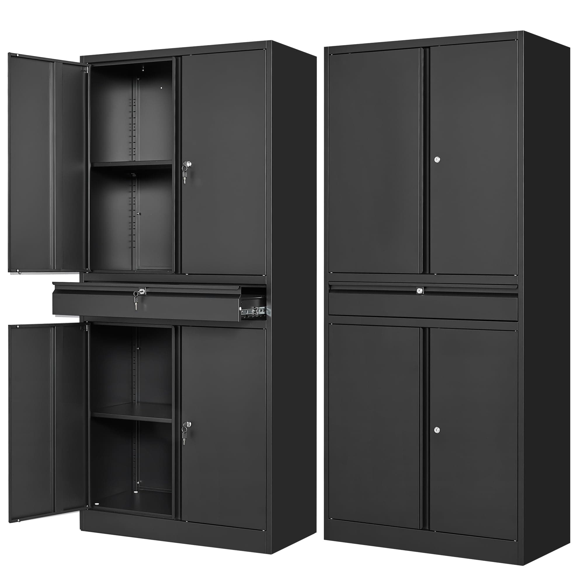 Metal Garage Storage Cabinet with Drawer,4 Door Tool Cabinet with Lock-2 Adjustable Shelves for Garage Home Office Utility Room (Black)