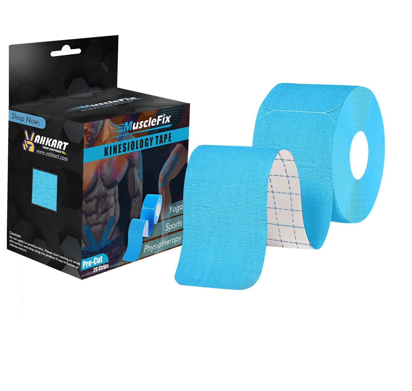 MuscleFix Pre-Cut Elastic Cotton Kinesiology Therapeutic Athletic Sports Tape, for Pain Relief and Support (5 cm * 5 m) 20 Precut 10” Strips (Blue)