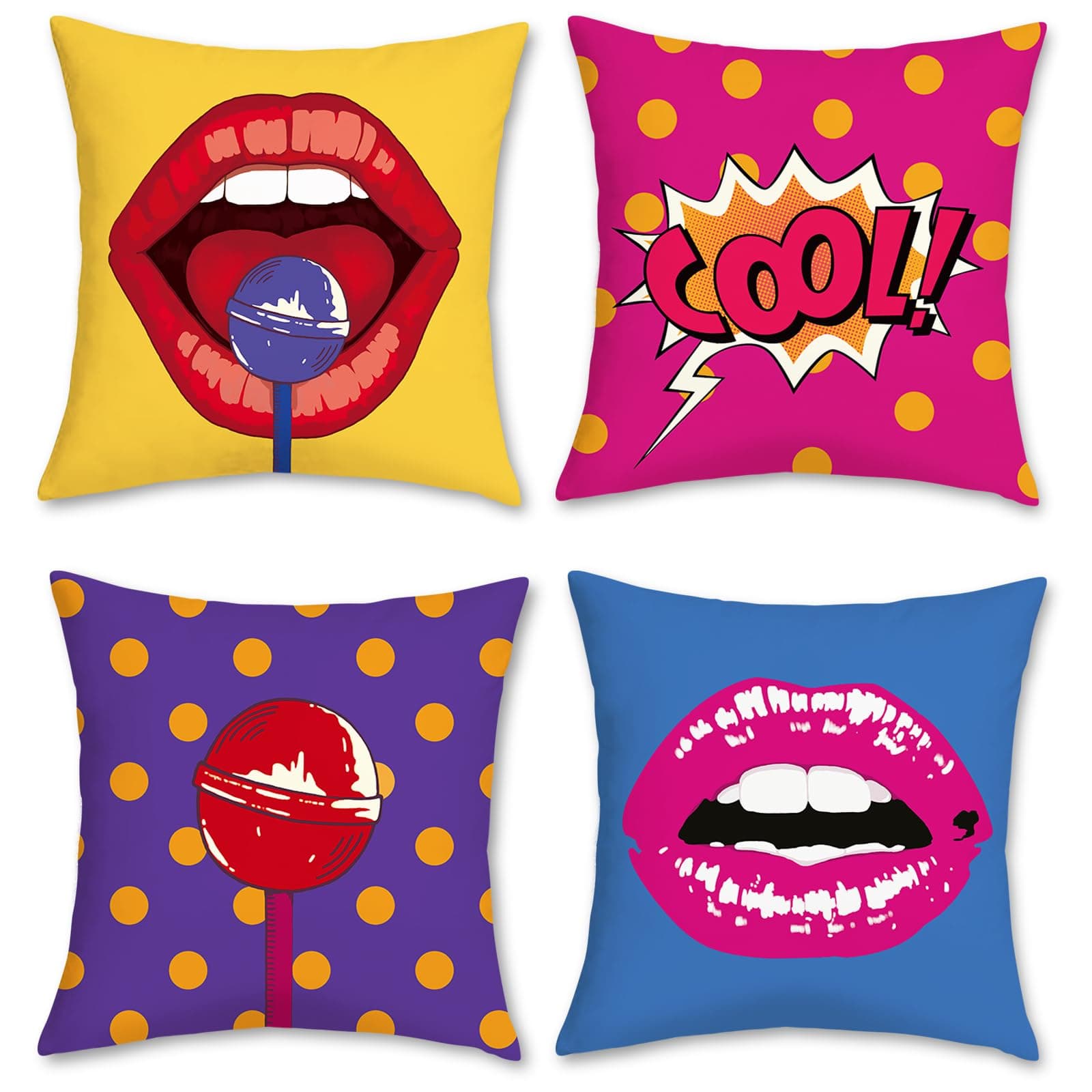 Bonhause Pop Art Throw Pillow Covers 18 x 18 Inch Lips Polka Dots Comic Decorative Pillow Cases Soft Velvet Cushion Covers for Sofa Couch Bed Home Decor Set of 4