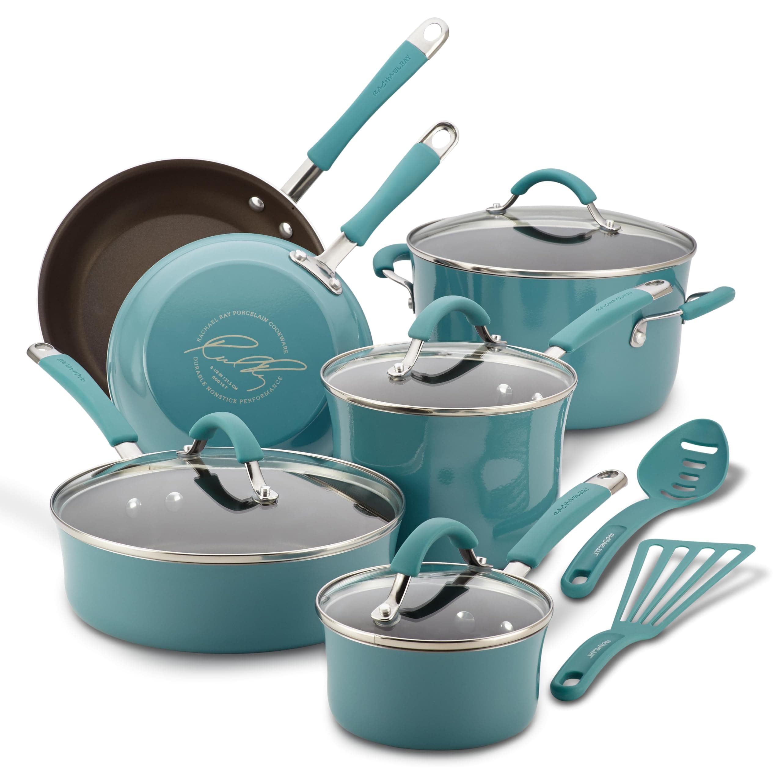 Rachael Ray 16344 Cucina Nonstick Cookware Pots and Pans Set, Aluminum, Agave Blue