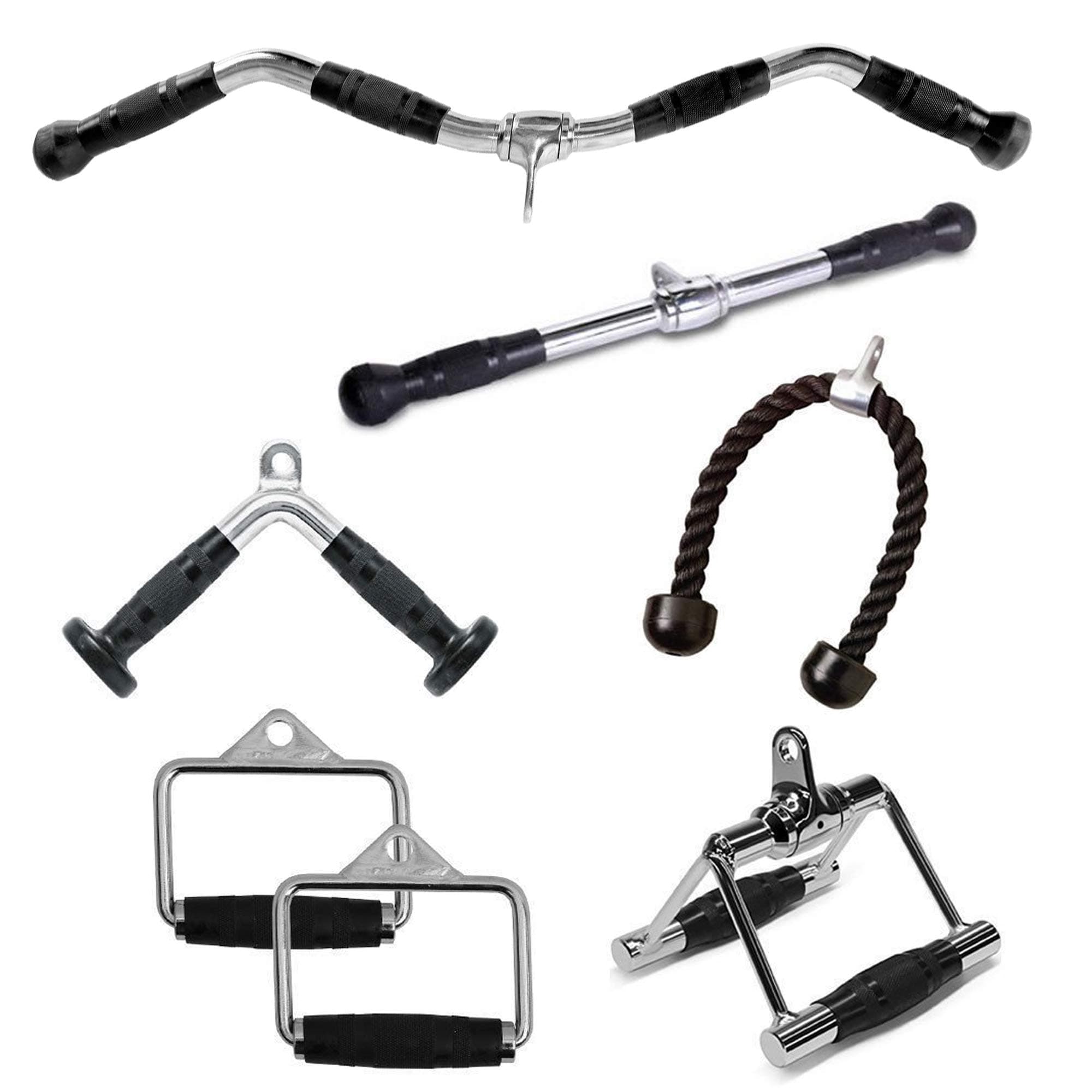 FITNESS MANIAC USA 7-Piece Set Home Gym Cable Attachment Handle Machine Exercise Chrome PressDown Strength Training Home Gym Attachments