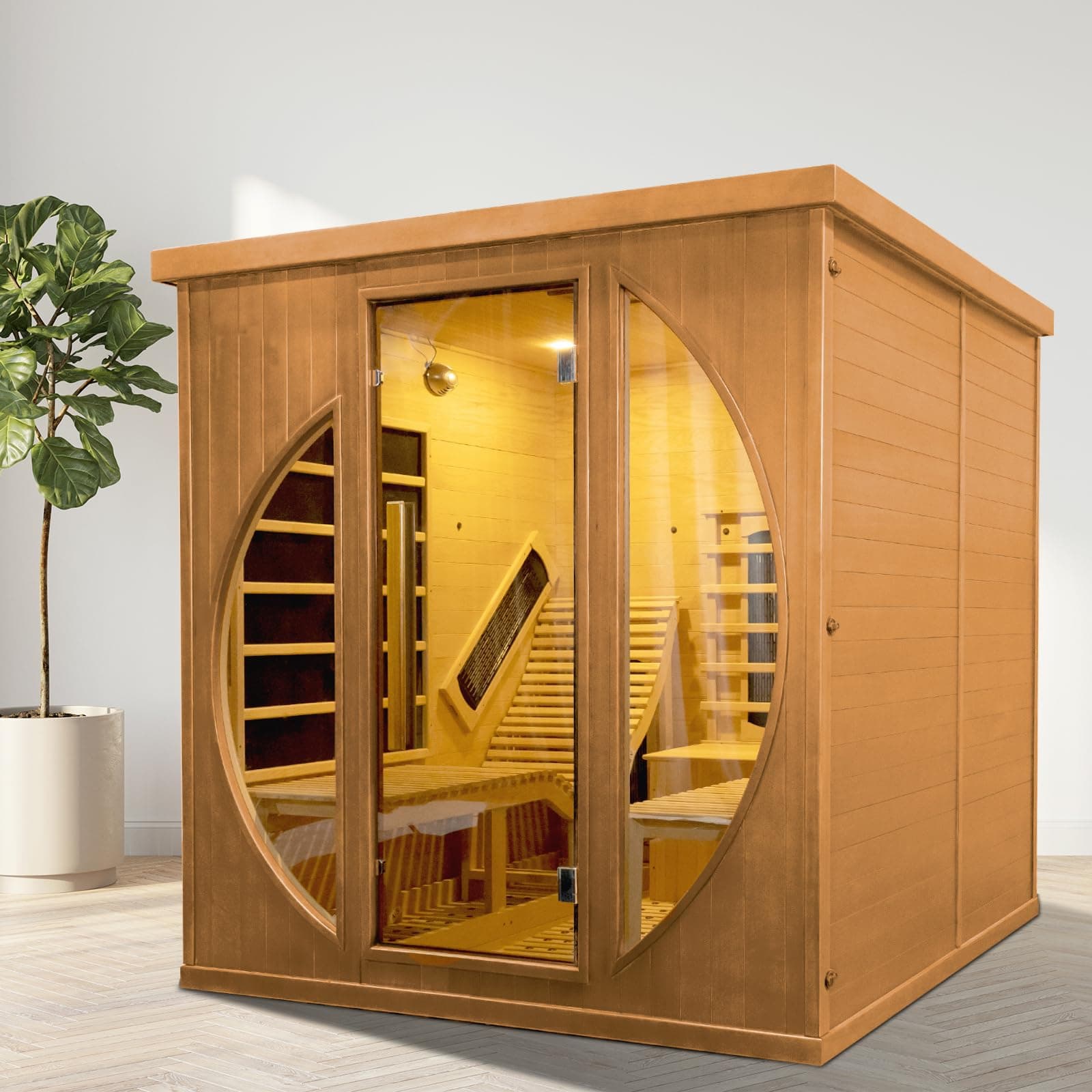 Far Infrared Wooden Sauna, Luxurious Canadian Hemlock Sauna with 2 Oversize Recliners, 220V, 3400 W, 9 Heating Element, Bluetooth Speakers, 7 Color Light, Oxygen Bar-Fast Delivery
