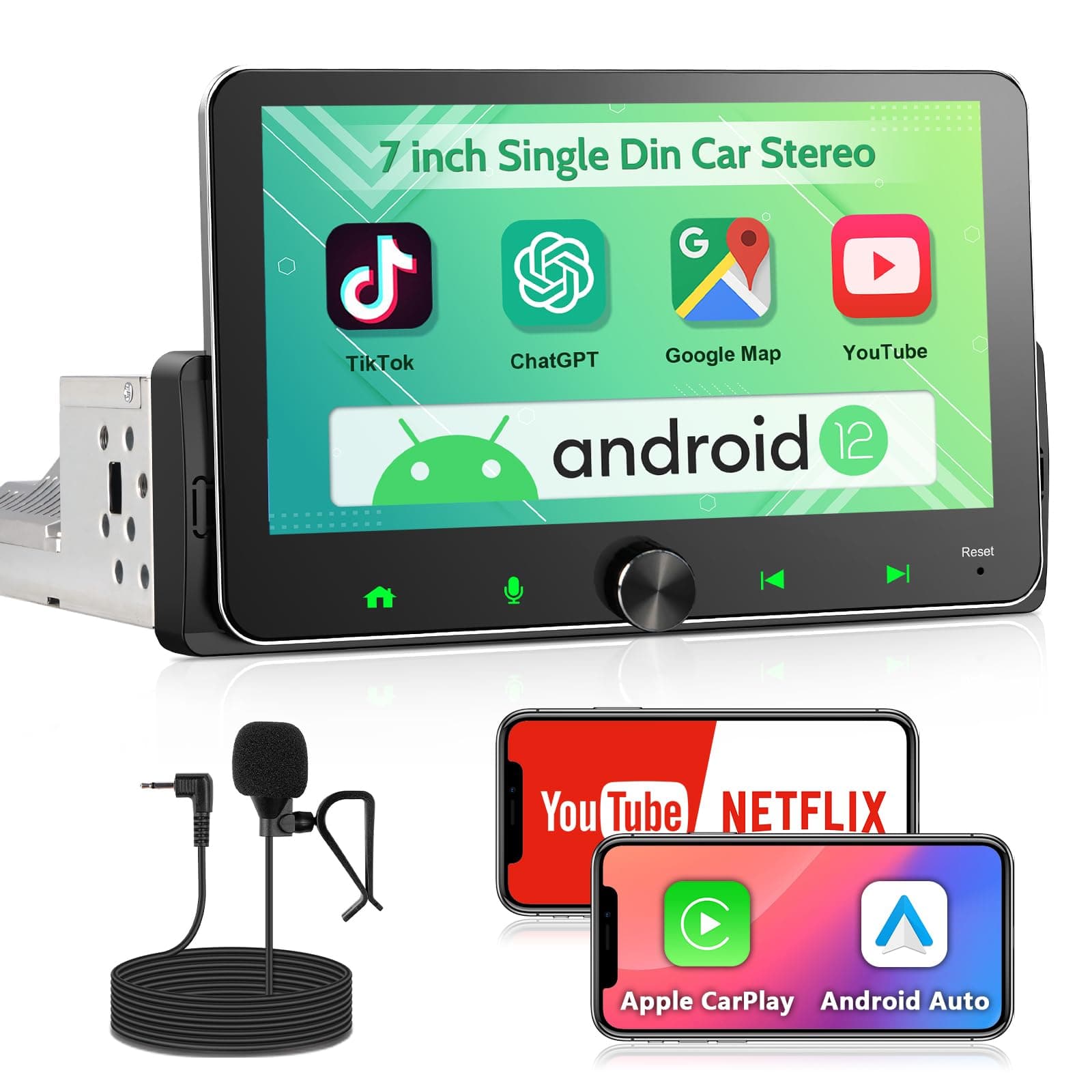 Single Din Touchscreen Radio: 7 Inch CarPlay Android Auto Radio Touch Screen Head Unit, 1 Din Car Stereo with Knob BT, in Dash GPS Navi, EQ, AM/FM, SWC, MIC, 2+32GB