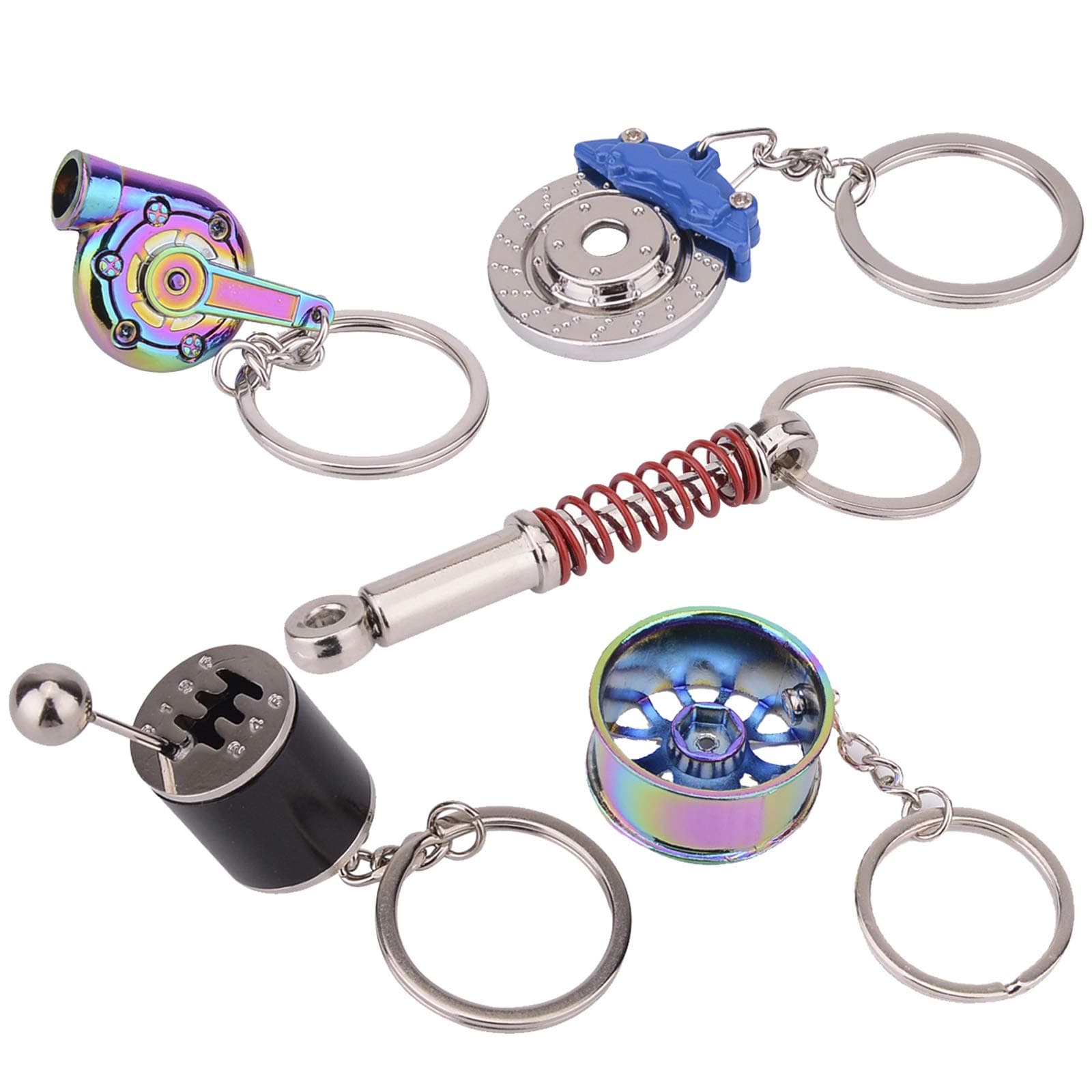 5 Pcs Car Parts Model Key Chains - Colorful Turbo, Black Manual Gearbox, Colorful Tire Rim, Blue Brake Rotor, Red Spring Shock-absorber