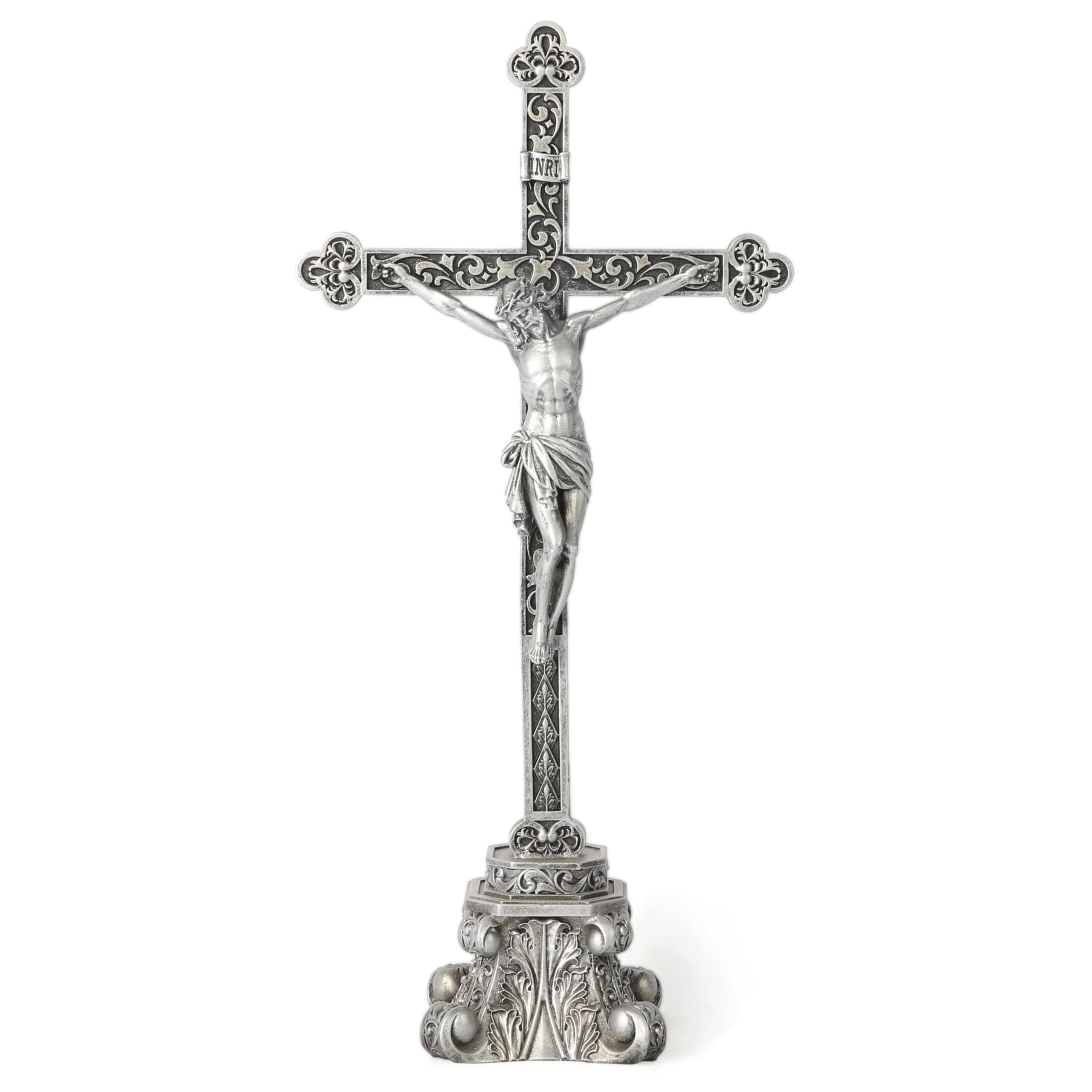 BC Catholic Standing Crucifix for Altar, Tabletop Jesus Christ Decor for Elegant Modern Home, Devout Gifts, Silver Color Finish, 14.75" H Hand Painted by Buildclassic