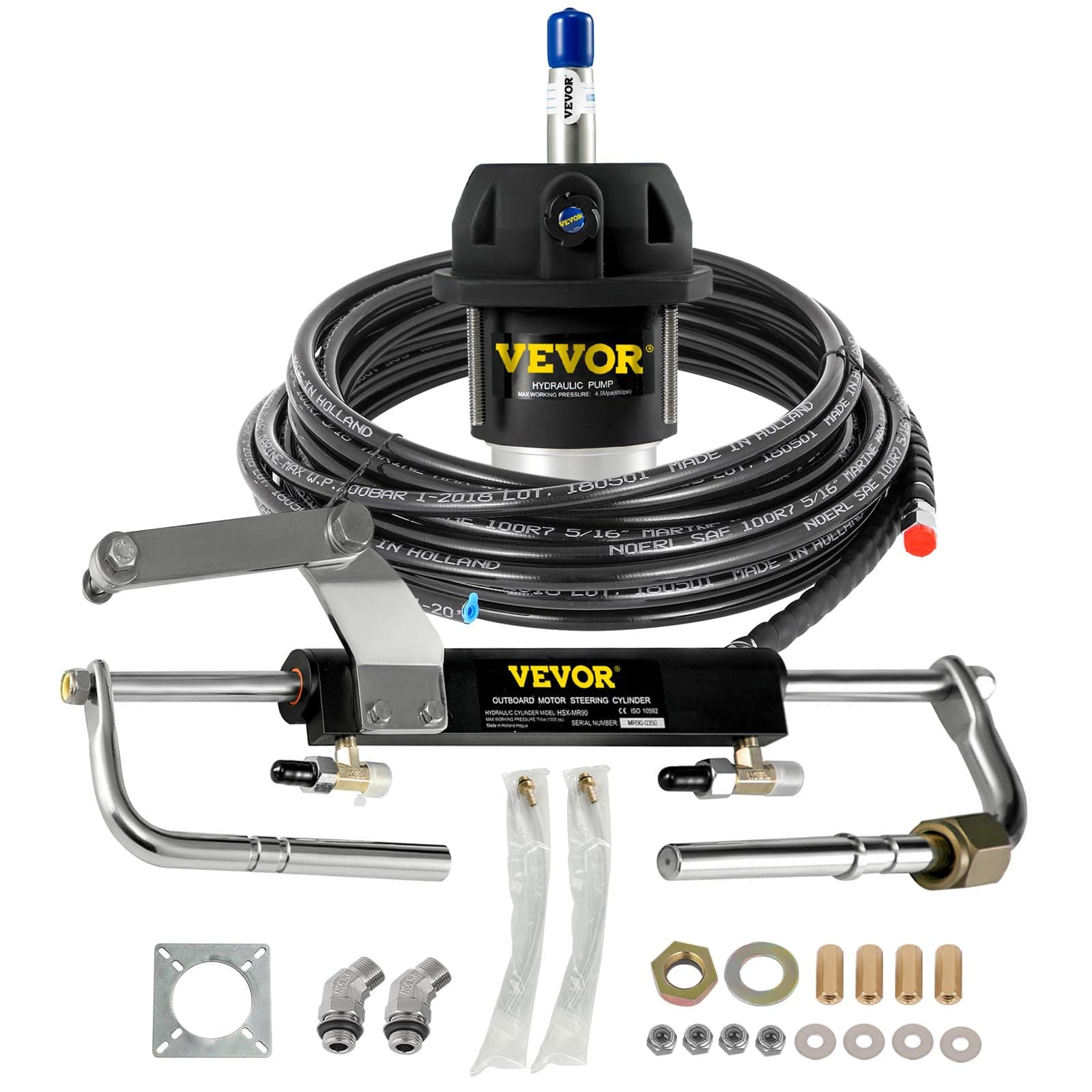 VEVOR Hydraulic Outboard Steering Kit, 90HP, Marine Boat Hydraulic Steering System, with Helm Pump Two-Way Lock Cylinder and 20 Feet Hydraulic Steering Hose, for Single Station Single-Engine Boats