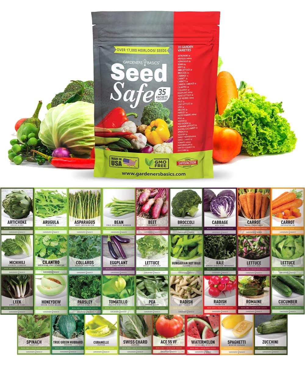 Gardeners Basics Seed Safe Kit - 35 Easy to Grow Heirloom Vegetable Seeds for Beginners - Non GMO Garden Starter Set with 17,000+ Seeds - Gardening Gift for Families