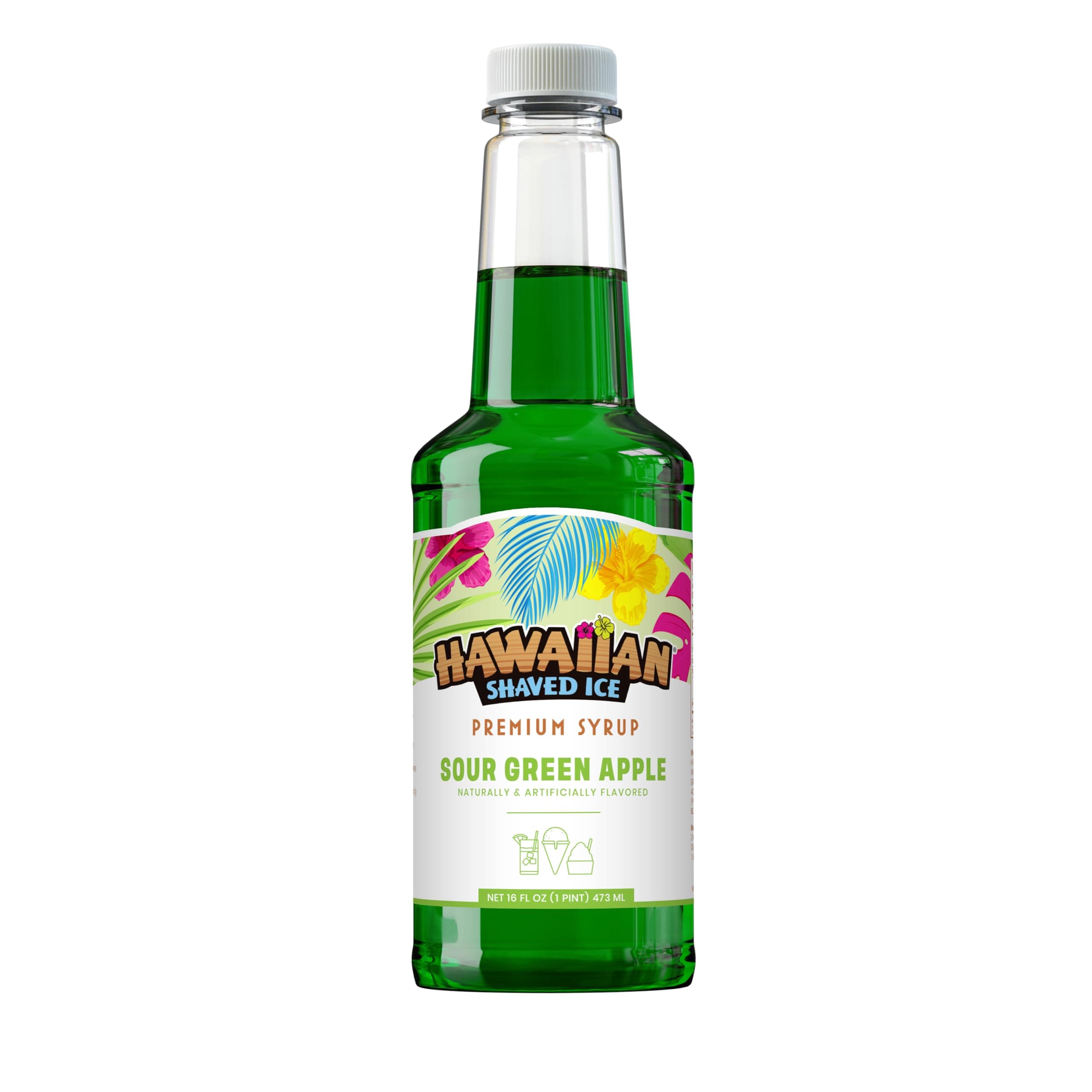 Hawaiian Shaved Ice Sour Green Apple Syrup - Nut Soy Dairy Free - Flavor Fluffy & Crunchy Snow Cones - Shelf Stable - Makes 8 Servings - 16 ounces