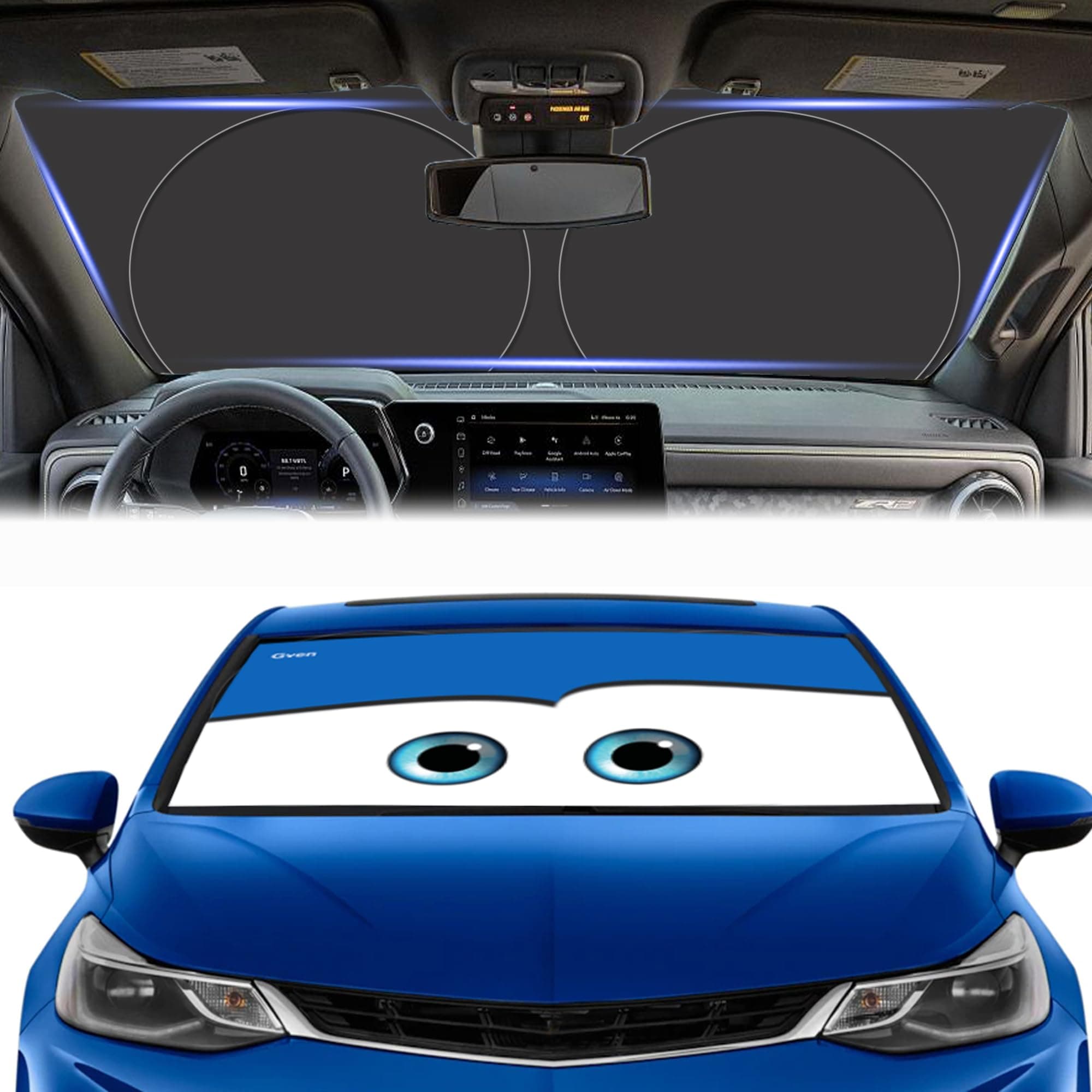 Gven Windshield Shade, 2024 Car Sun Shade for Front Windshield Funny Car Eyes Sunshades Sun Visor Protector Blocks UV Rays Foldable 210T Keep Your Vehicle Cool (Eyes-Blue, Standard)