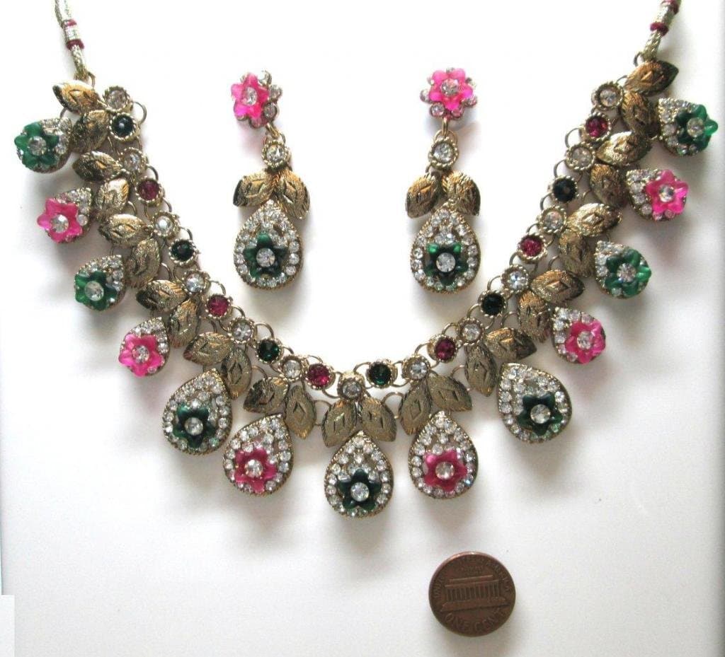 Purple Color Faux Golden Look 86 gm 3 Pcs Indian Necklace Earring American Style Set BSCDCYA