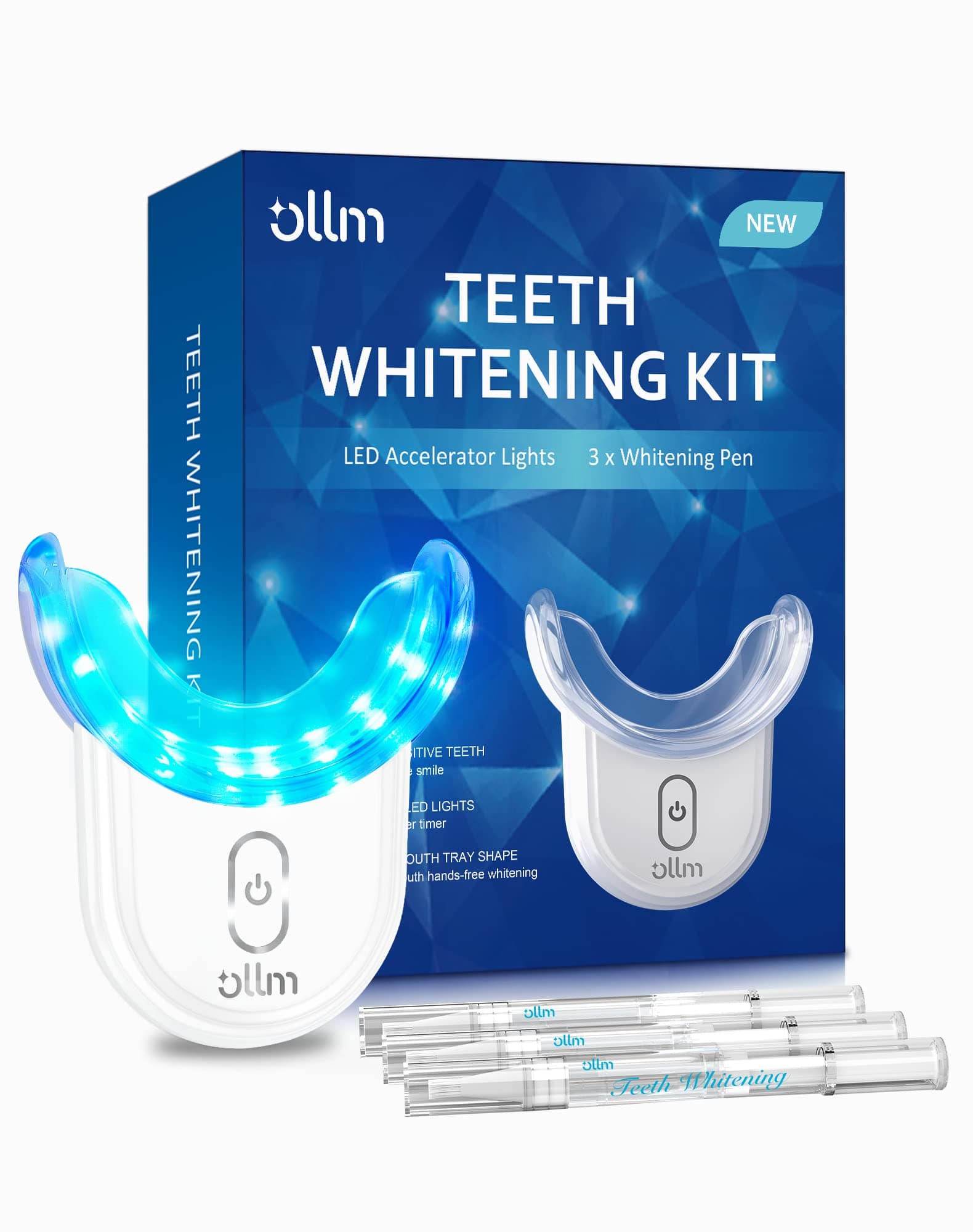 Teeth Whitening Kit Gel Pen Strips - Ollm Specially Formulated for Sensitive Teeth, Gum, Braces Care 32X LED Light Tooth Whitener, Professional Oral Beauty Products Dental Tools 2 Mouth Trays