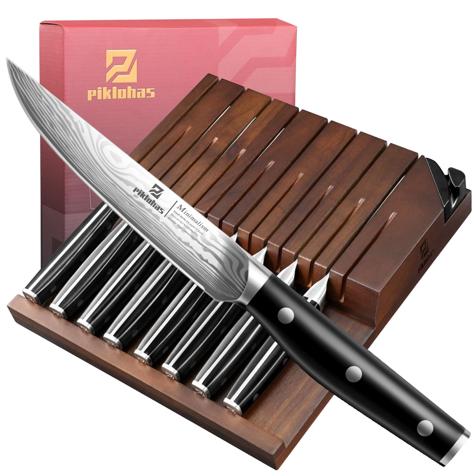 Steak Knives Set of 8 with Drawer Organizer Built-in Sharpener, 4.6 Inch Non Serrated Dinner Knife, Forged German Steel Damascus Pattern Straight Edge Meat Knife with Full Tang Handle, Black