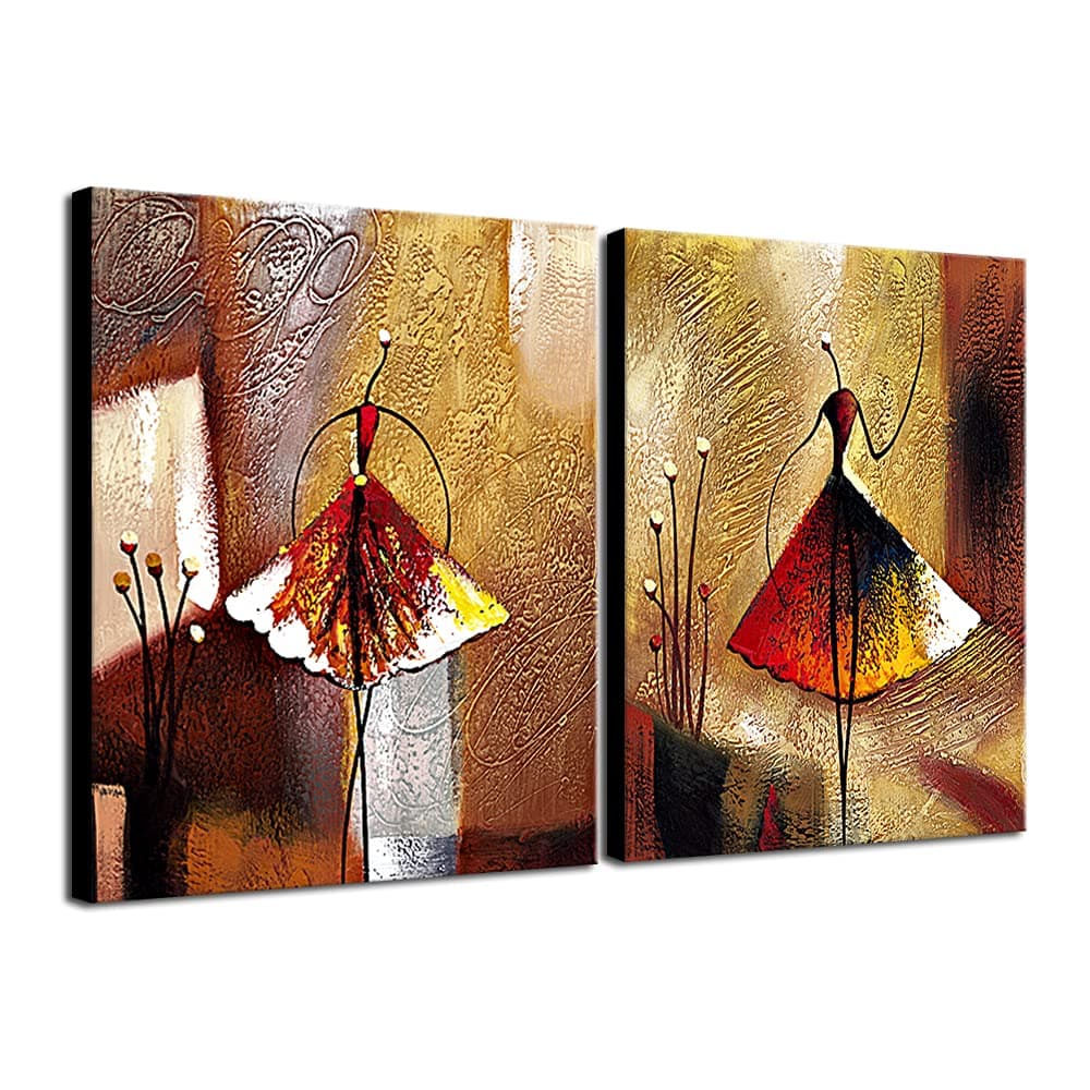 Wieco Art - Ballet Dancers 2 Piece Modern Decorative artwork 100% Hand Painted Contemporary Abstract Oil paintings on Canvas Wall Art Ready to Hang for Home Decoration Wall Decor