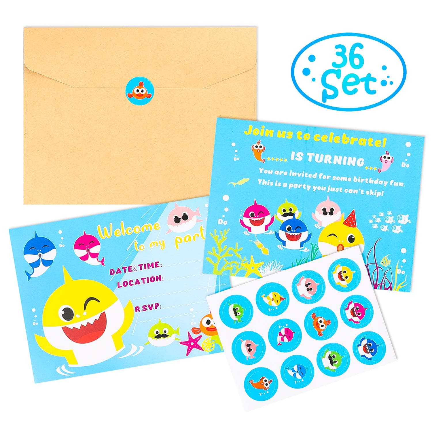 MALLMALL6 36Pcs Little Shark Invitation Cards Set Little Shark Greeting Card Shark Themed Birthday Party Supplies Baby Shower Invitation Invites for Kids with Envelopes Little Shark Sticker