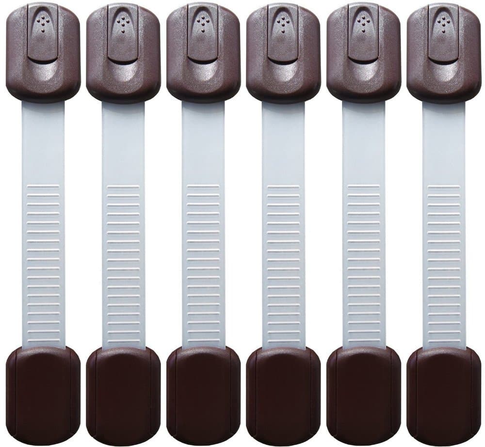 BoJobaby Baby Safety Cabinet Locks, No Drilling, Flexible Latches to Child Proof Cabinets, Drawers, Fridge, Toilet Seat, Uses 3M Adhesive with Adjustable Strap and Latch System (6-Pack Brown