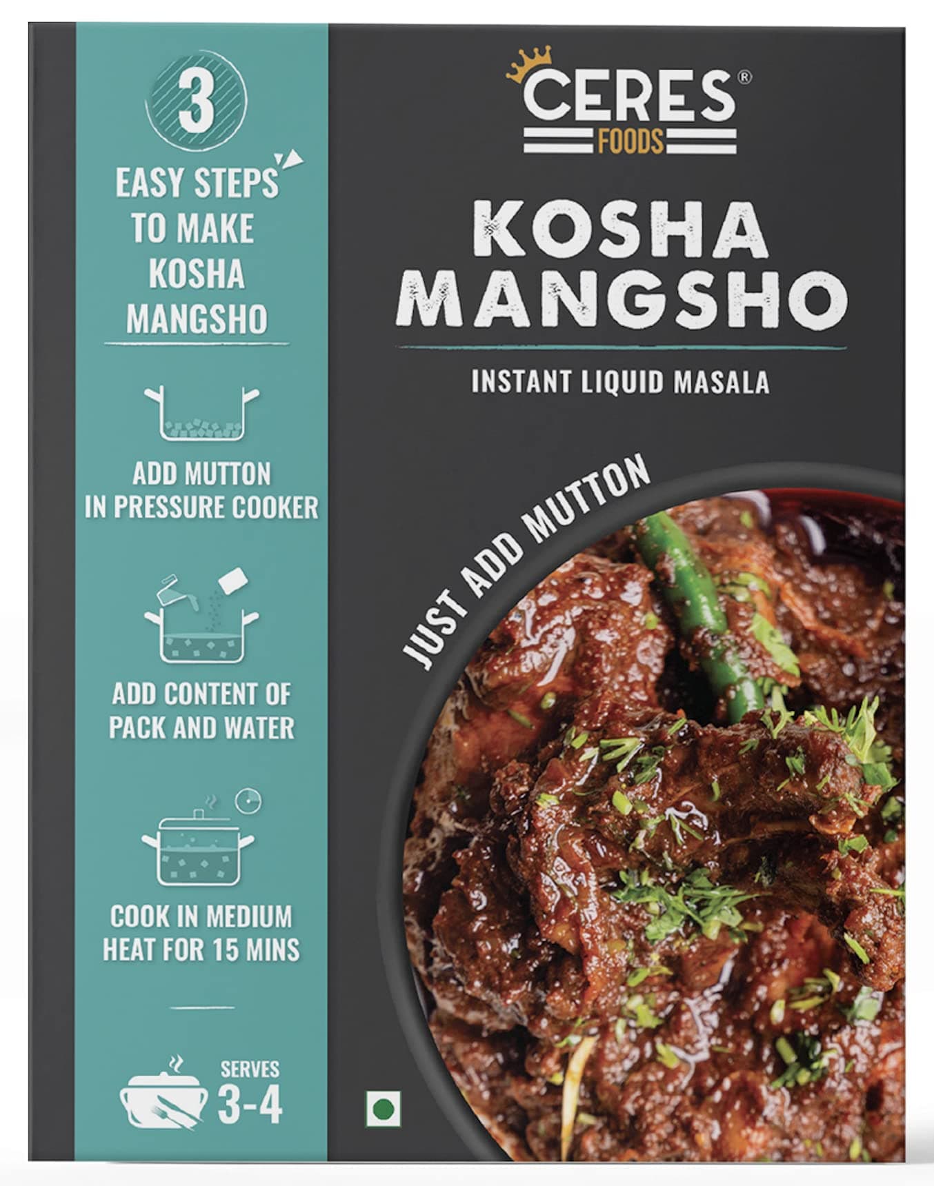 kolkata Kosha Mutton Instant Liquid Masala | Mutton cooking paste | Curry Paste | Curry Mix | Shipped Fresh | Ceres Foods Kosha Mangsho Ready to Cook Gravy |Kosha Mangsho Paste | Masala| Bengali Recipe | Bengali Masala | Kosha Masala | Mutton Masala | Meat Masala | Chicken Masala | Easy to cook | 3 steps Recipe | Mutton Kosha Gravy | Authentic spices| Ready in 15 Mins | Serves 4 | No Preservatives, Colours or Artificial Flavours | 200g | Just add Mutton