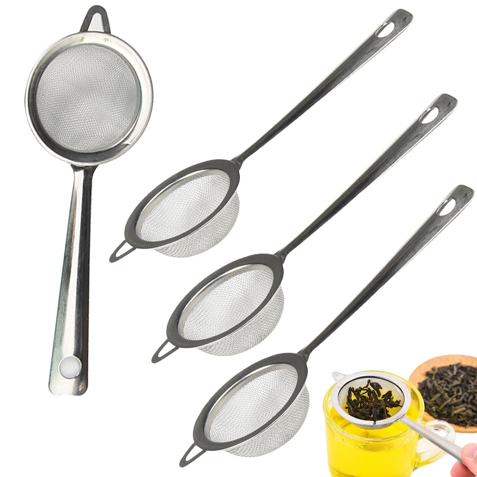 4 Pcs Fine Mesh Tea Strainer with Non Slip Handle - Stainless Steel Strainer for Loose Leaf, Coffee, Pasta and Spaghetti - Kitchen Sieve Set