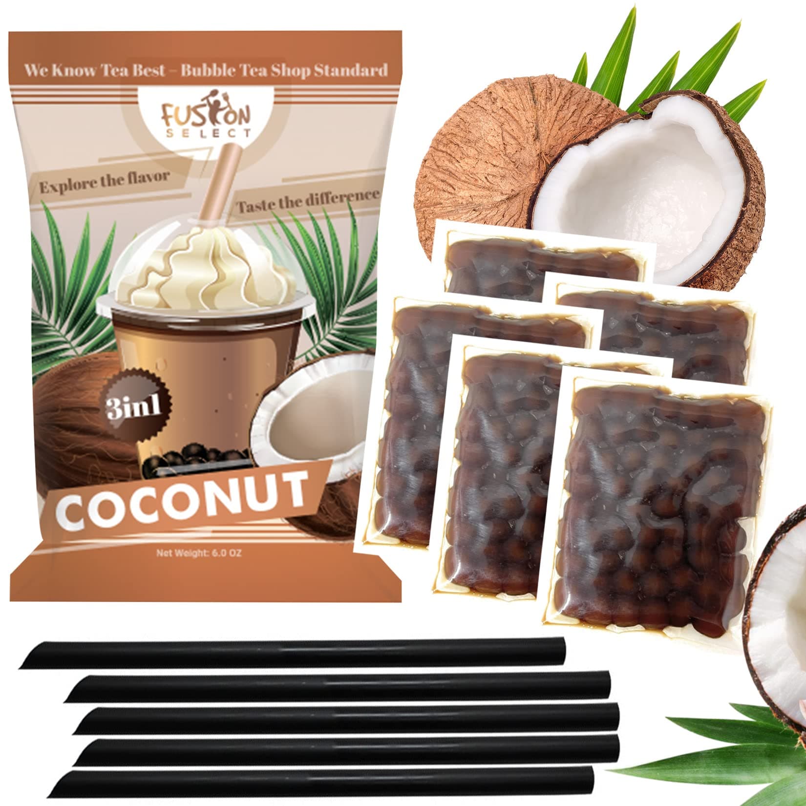 Fusion Select Authentic Coconut Bubble Tea Kit Extra Rich Bubble Tea Drink, Boba Tapioca Pearl, Straws, Popular Bubble Tea Flavors