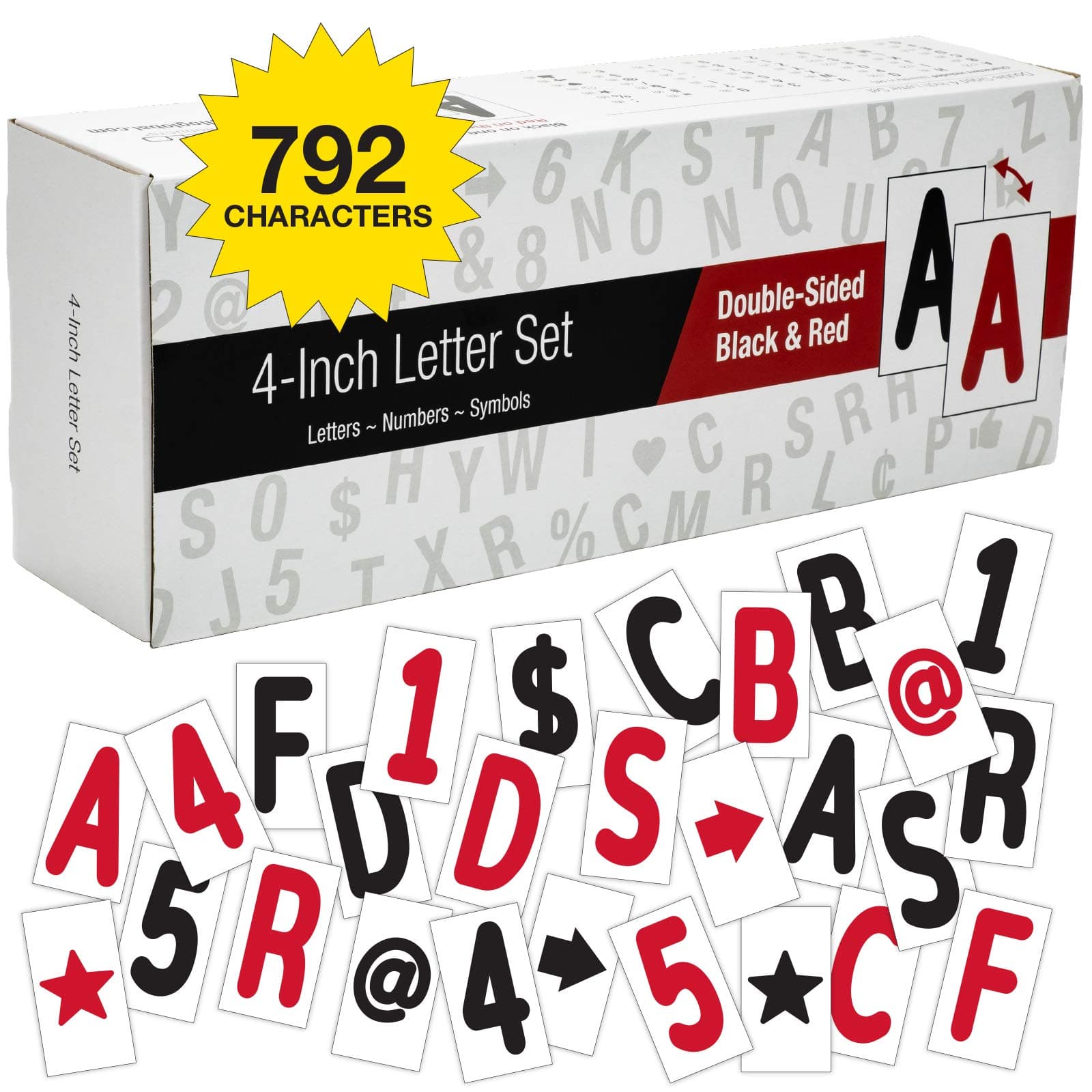 Swinging Sign Letters: Includes 792 Four inch Letters, Symbols, and Numbers for 24"x36" Swinging Letter Board Sign. Double Sided with Black & Red Printing on Flexible White Plastic Panels.