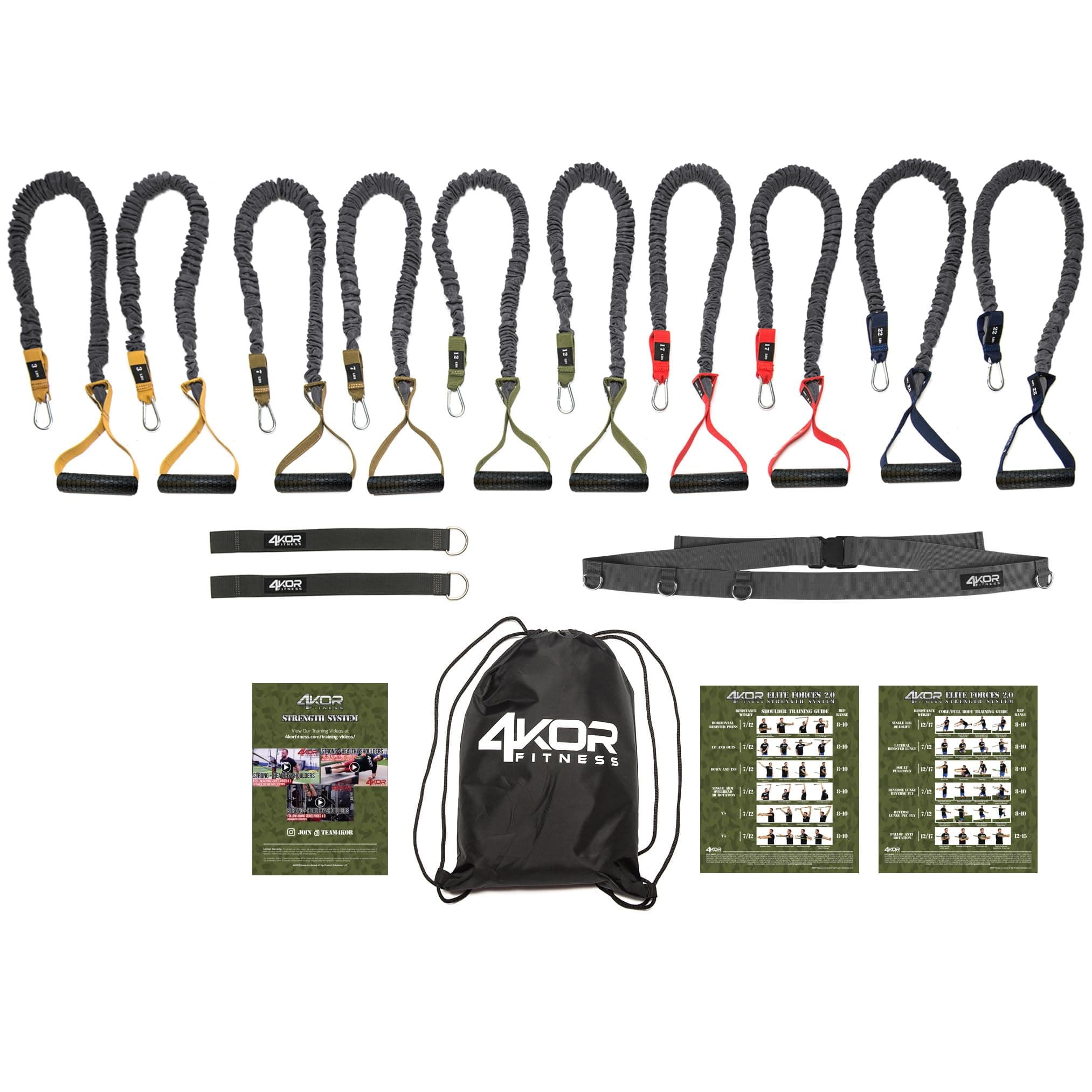 4KOR Cross Anchor Shoulder Performance Training System. Resistance Cords with Handles and Dynamic Workout Guide. Exercise Bands with Nylon Sleeves, Rubber Grips, and Carry Bag for Rehab and Strength