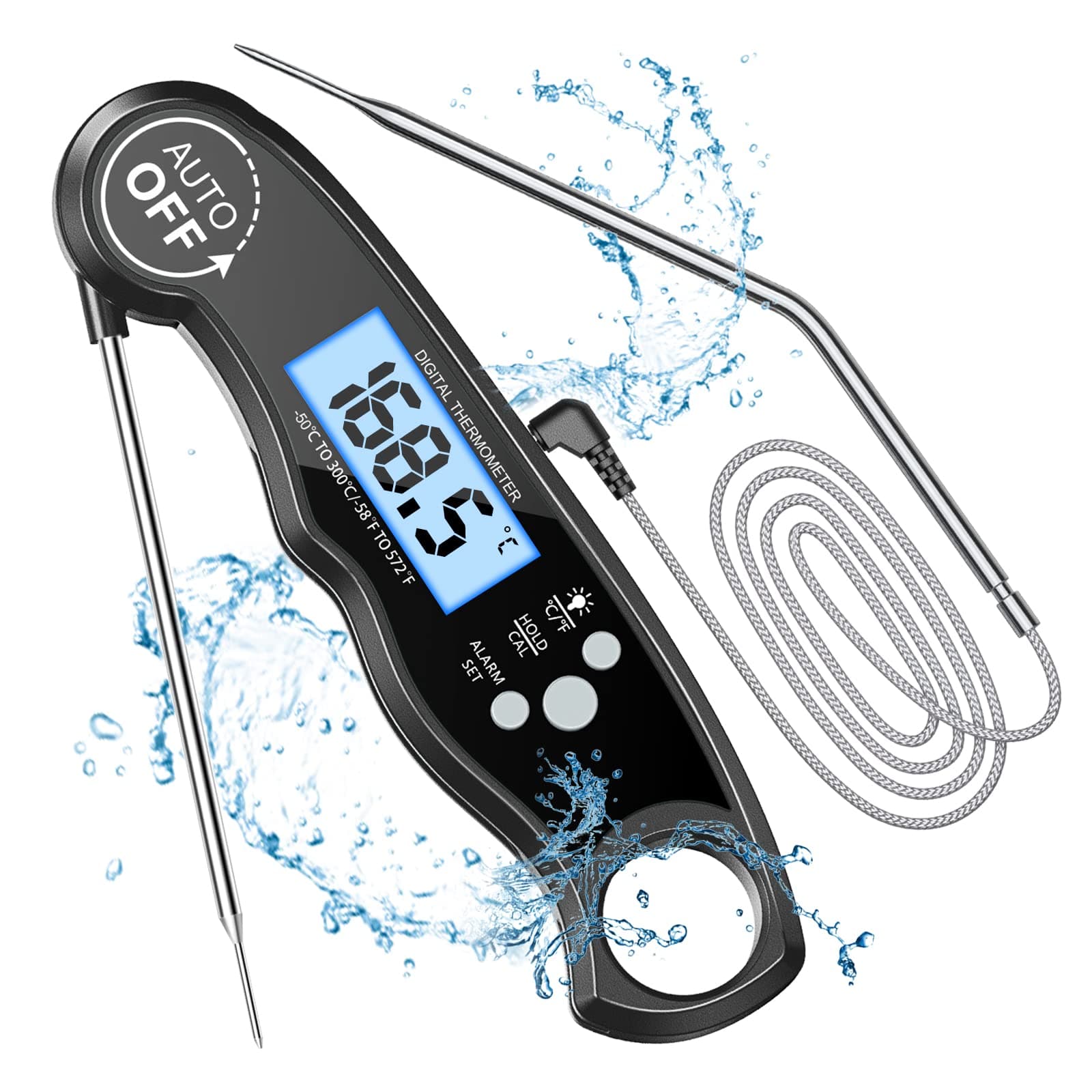 Meat Thermometers, Fast & Precise Read Food Thermometer with 102cm Wire Probe, Backlight LCD Display, Digital Thermometers, BBQ Thermometer for Kitchen, Outdoor Cooking, Liquid & Grill