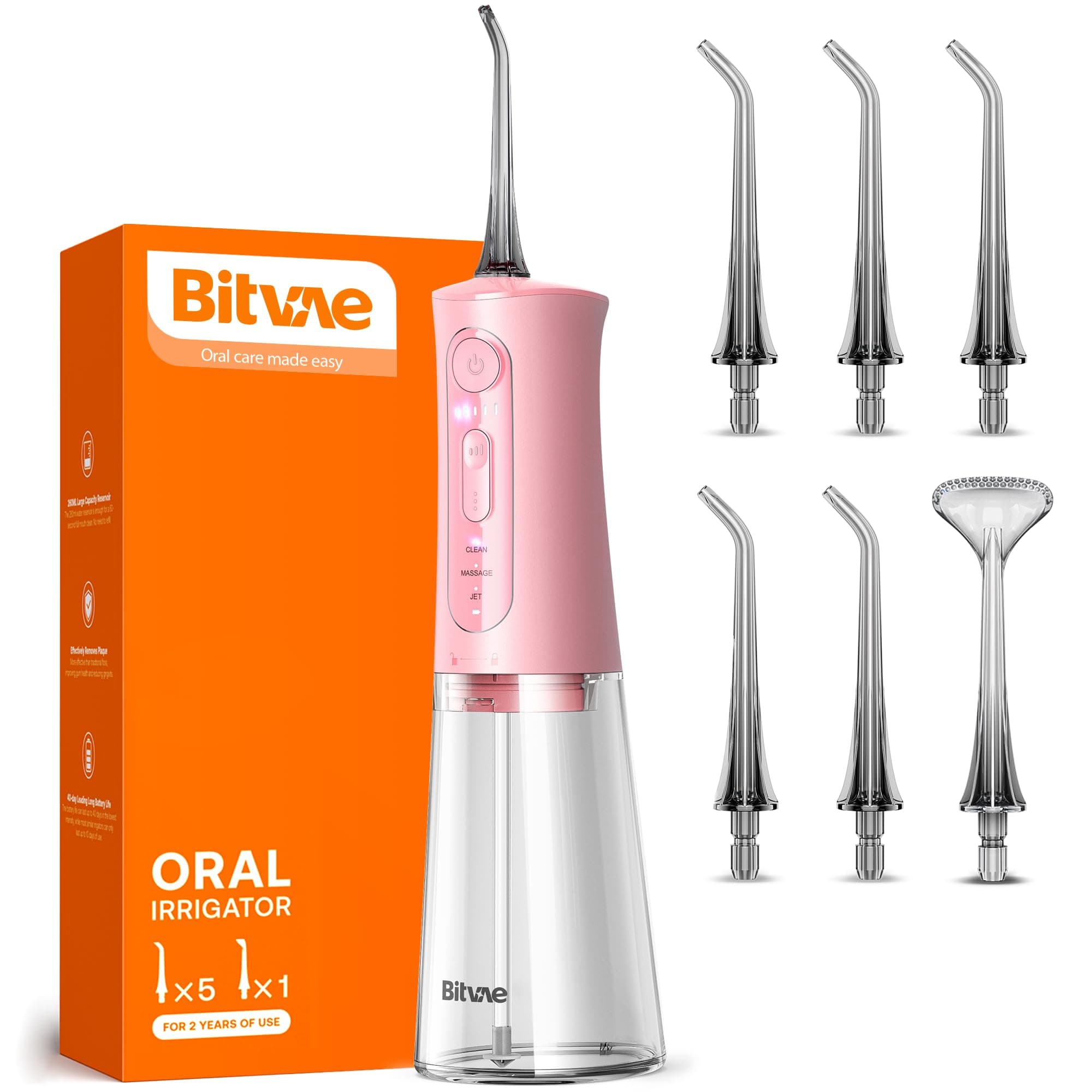 Bitvae Water Dental Flosser Teeth Picks, Cordless Portable Oral Irrigator, Powerful and Rechargeable Oral Irrigator, Brace Care, IPX7 Waterproof Water Dental Picks for Cleaning, Quartz Pink
