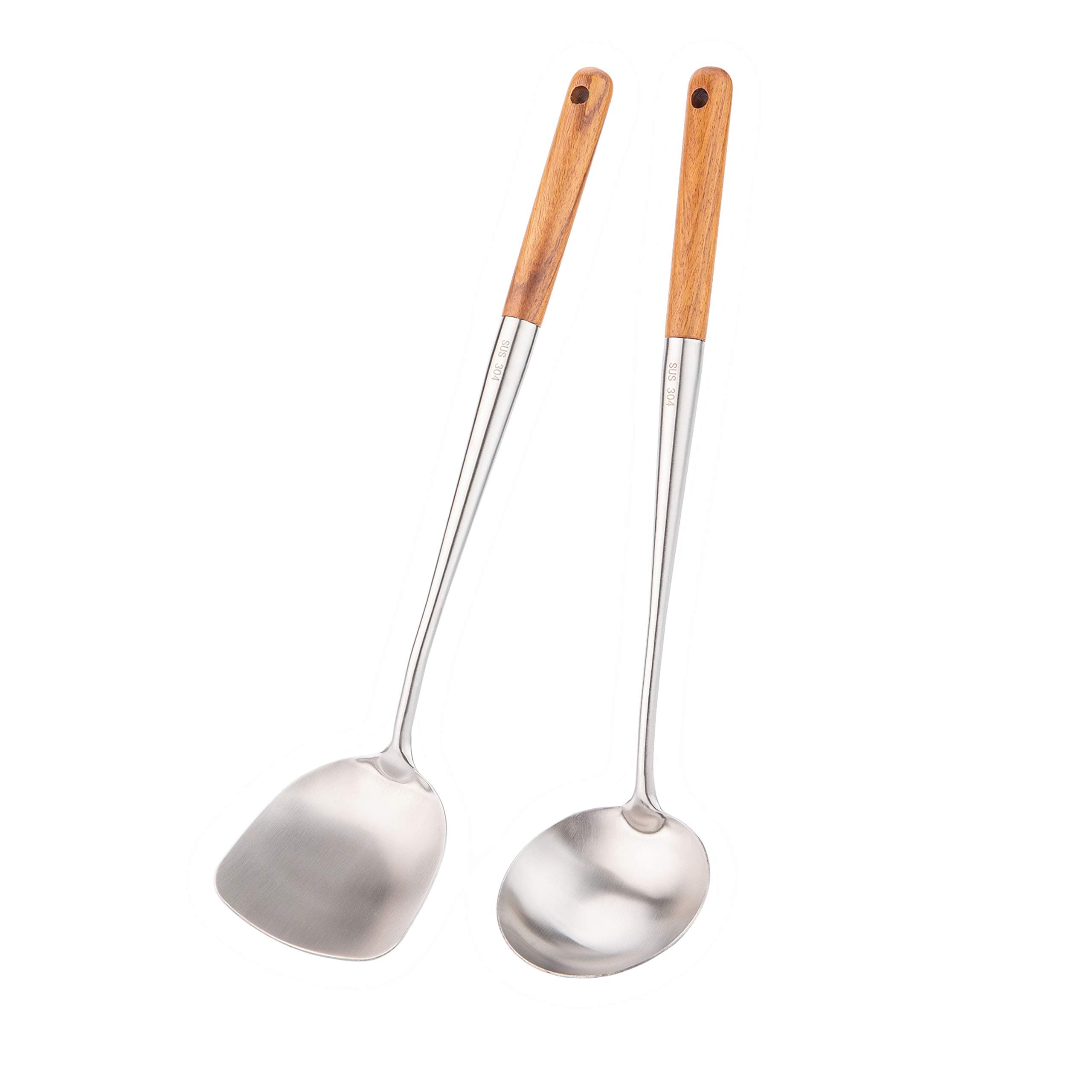 17inches Wok Spatula and Ladle Tool Set, 2-Piece Stainless Steel & Wood Wok Utensil Set