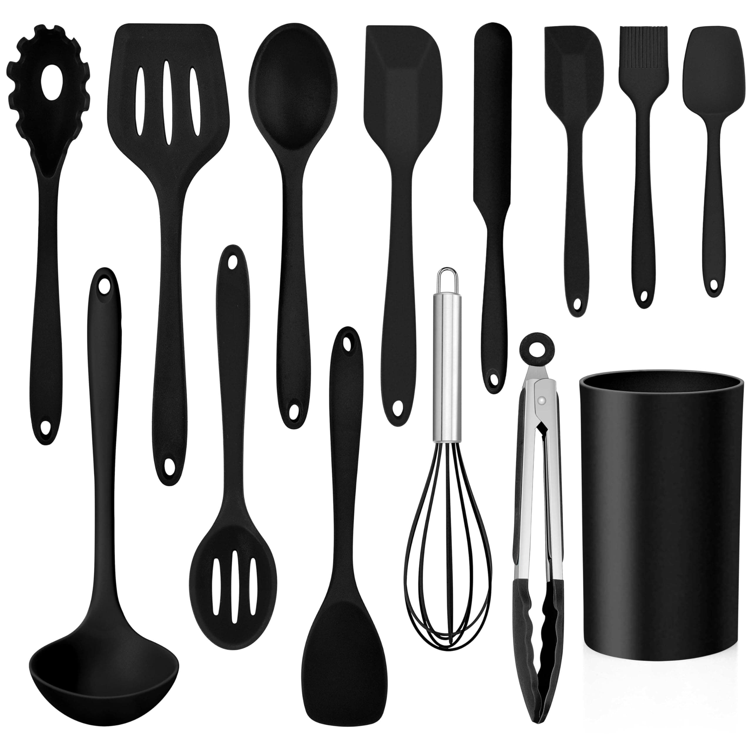 LIANYU 14 Pcs Silicone Kitchen Utensils Set with Holder, 446°F Heat Resistant Silicone Cooking Kitchen Utensils Spatula Set, Non-Stick & Dishwasher Safe Cooking Tools, Comfort Grip Handle, Black